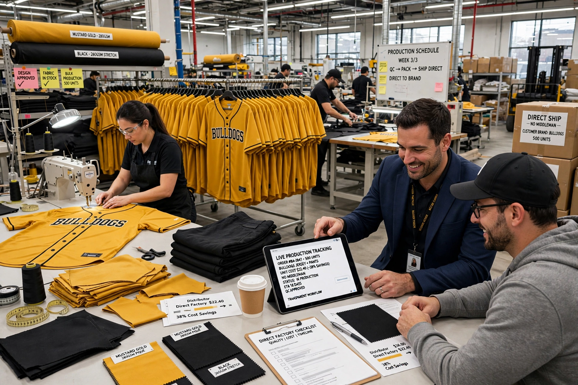 Direct factory partnership advantage showing gold BULLDOGS baseball jerseys in mass production on factory floor, account manager reviewing bulk order of 500 units with client at table with fabric swatches, sewing technicians working in background, transparent workflow board showing Design to Direct to Client with no distributor saves 30% cost