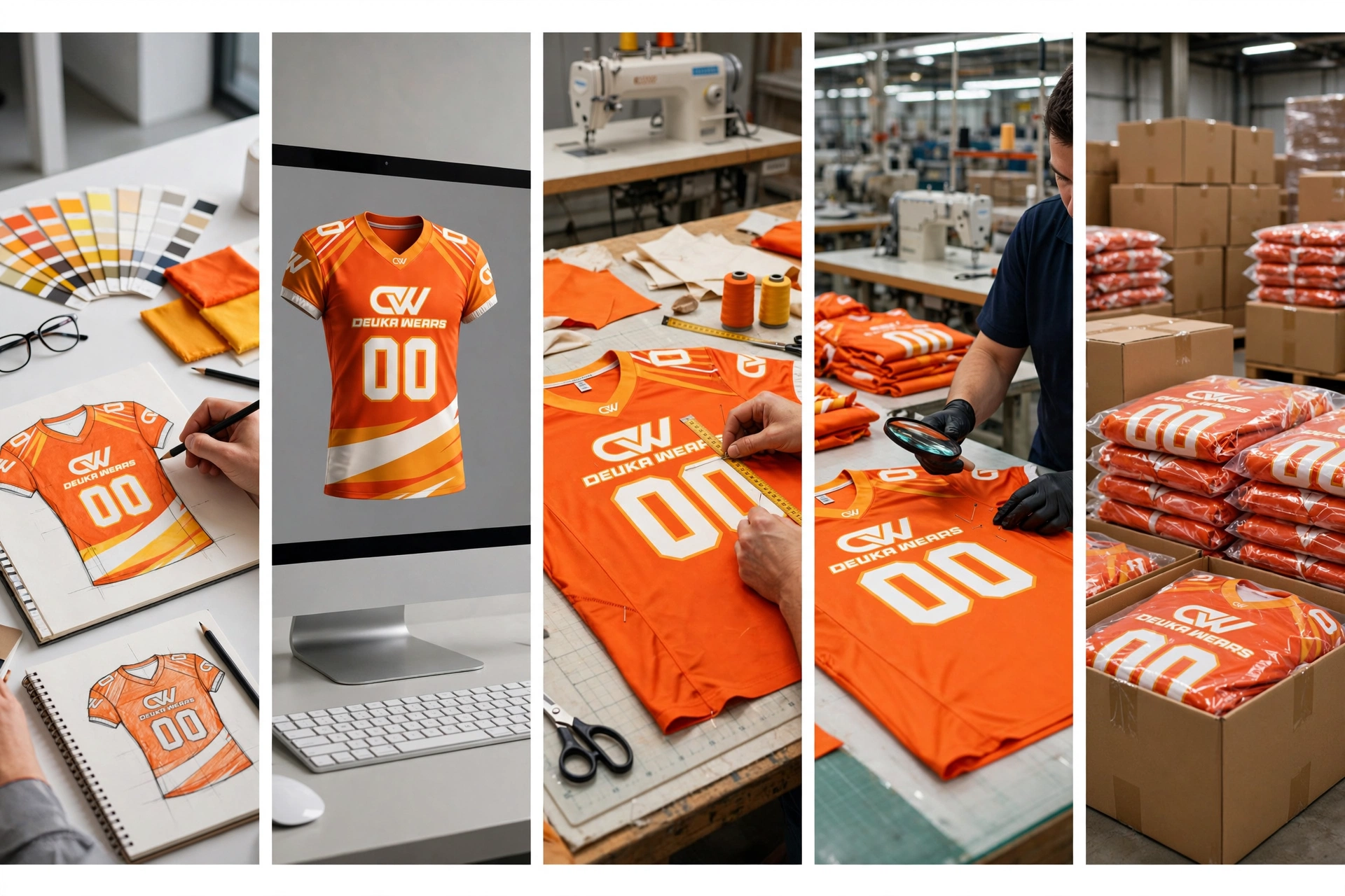 Five-panel step-by-step workflow showing custom order process for bright orange CW Deuka Wears 00 football jersey with yellow and white diagonal stripes — Panel 1: designer sketching jersey with Pantone color swatches and fabric, Panel 2: 3D digital rendering of orange 00 jersey on computer monitor, Panel 3: hands measuring and cutting physical orange prototype on worktable with thread spools, Panel 4: quality control technician inspecting orange jersey with magnifying glass in factory, Panel 5: folded orange jerseys poly-bagged and packed in moisture-resistant shipping cartons ready for global logistics — ultra-realistic, horizontal banner, no text overlay