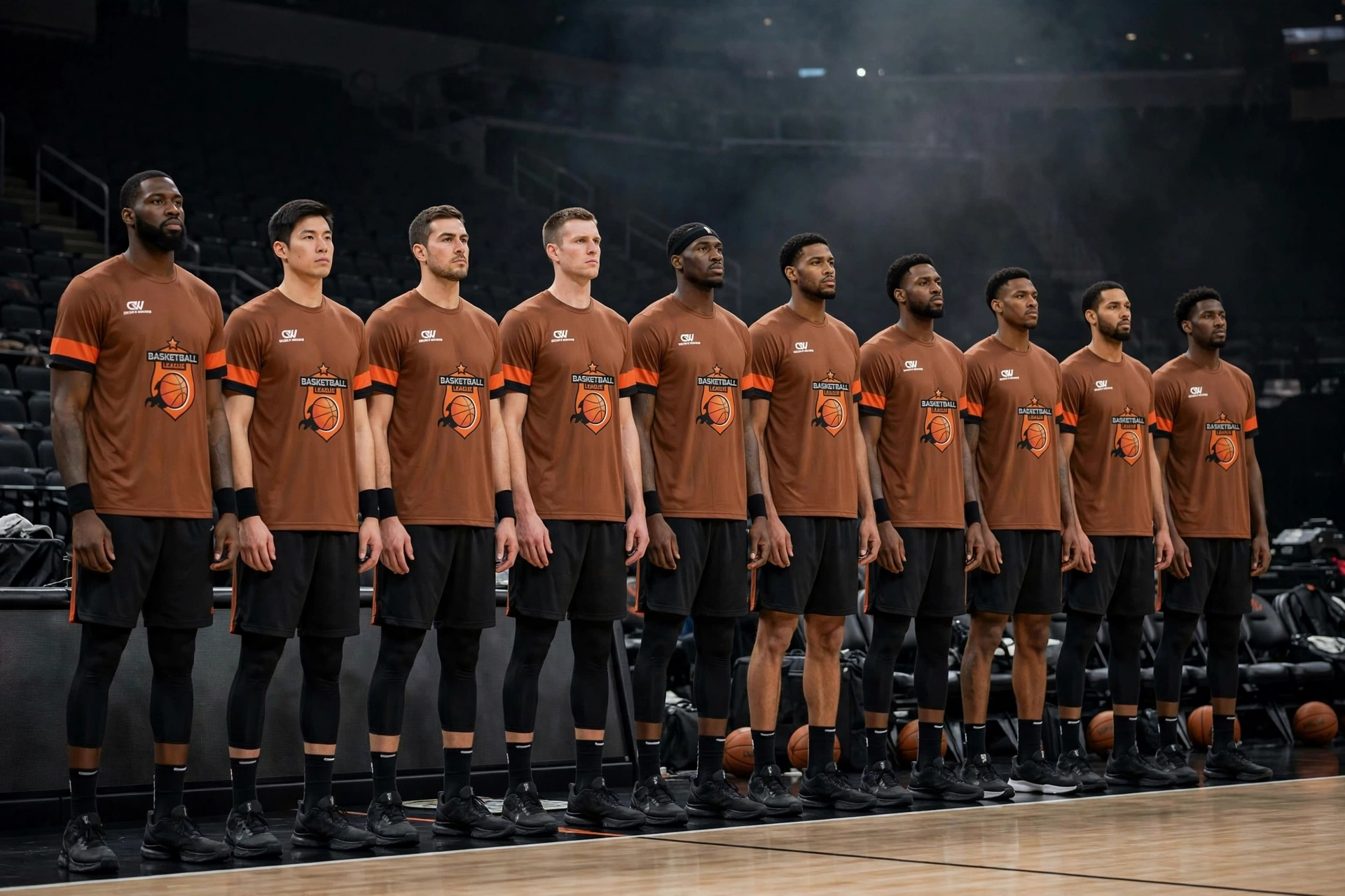 Unified sideline branding - ten basketball players entire roster standing in disciplined pre-game warm-up line during team introductions wearing coordinated brown warm-up tees with orange black sleeve bands and Basketball League shield orange basketball logo black shorts projecting intimidating aesthetic Deuka Wears wholesale custom