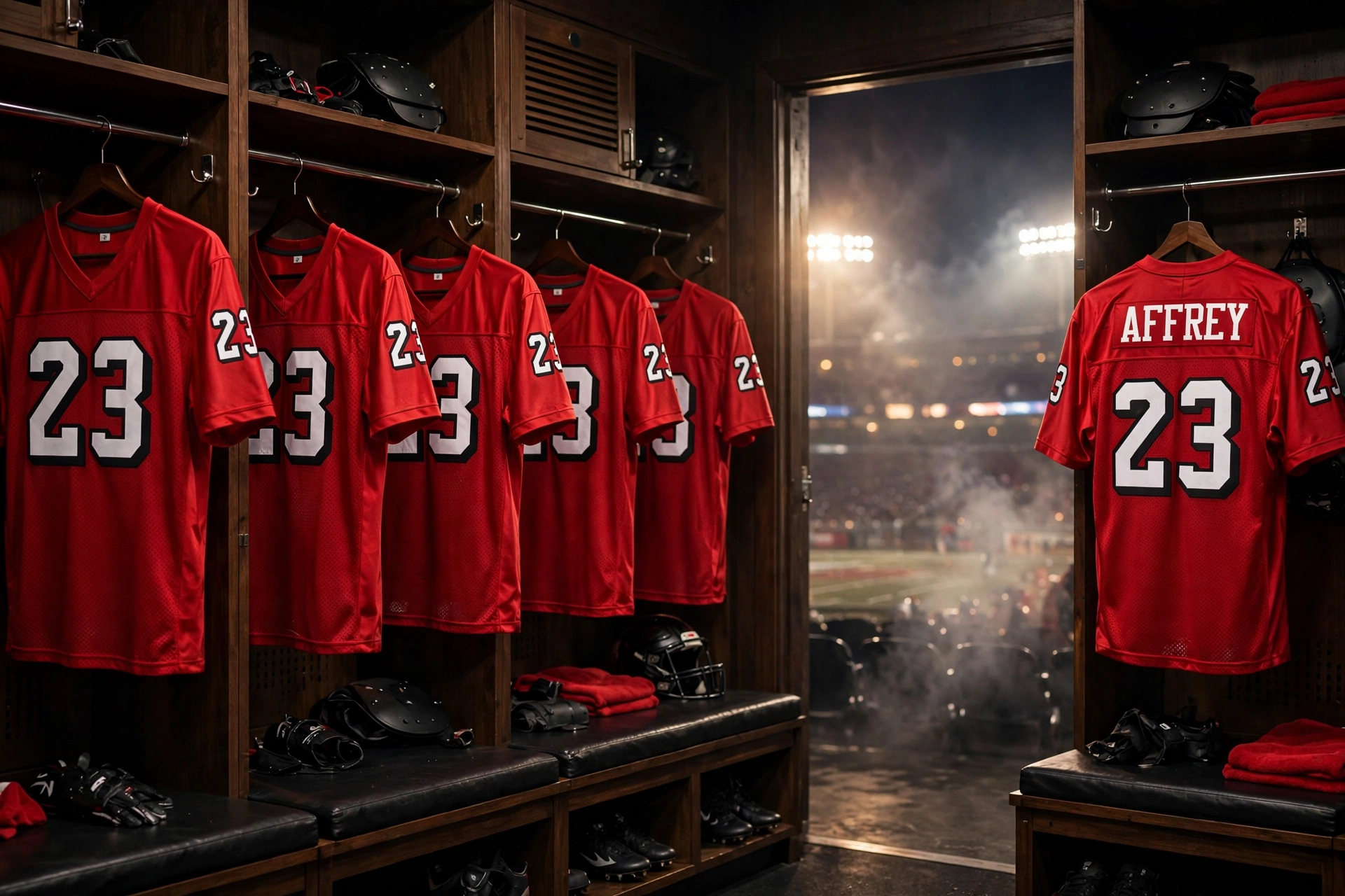 Deuka Wears red championship football jersey number 23 AFFREY hanging in team locker room with stadium lights and game field visible through doorway projecting discipline and dominance for championship glory,