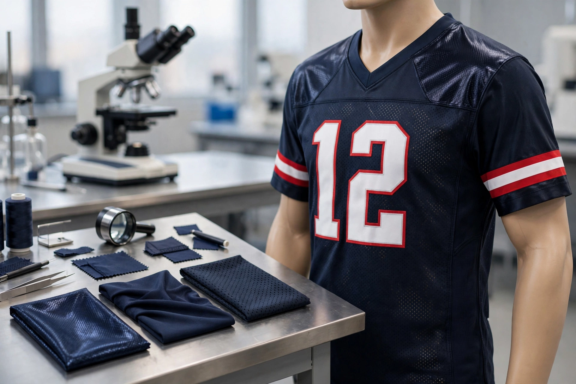 Navy 12 jersey showing dazzle cloth, 4-way stretch, and pro-mesh fabrics in lab.