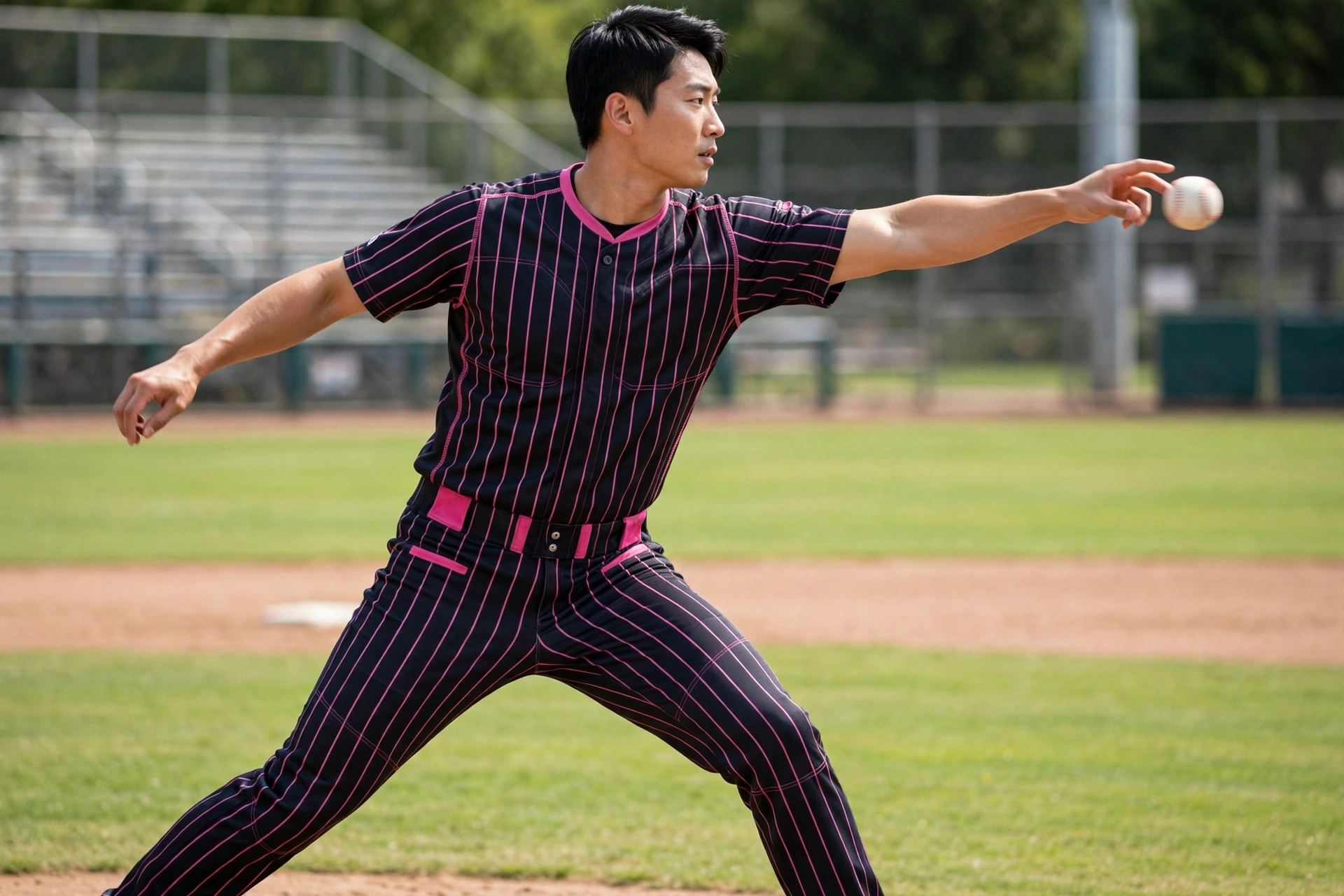 Black pink pinstripe baseball uniform ergonomic mobility throwing action