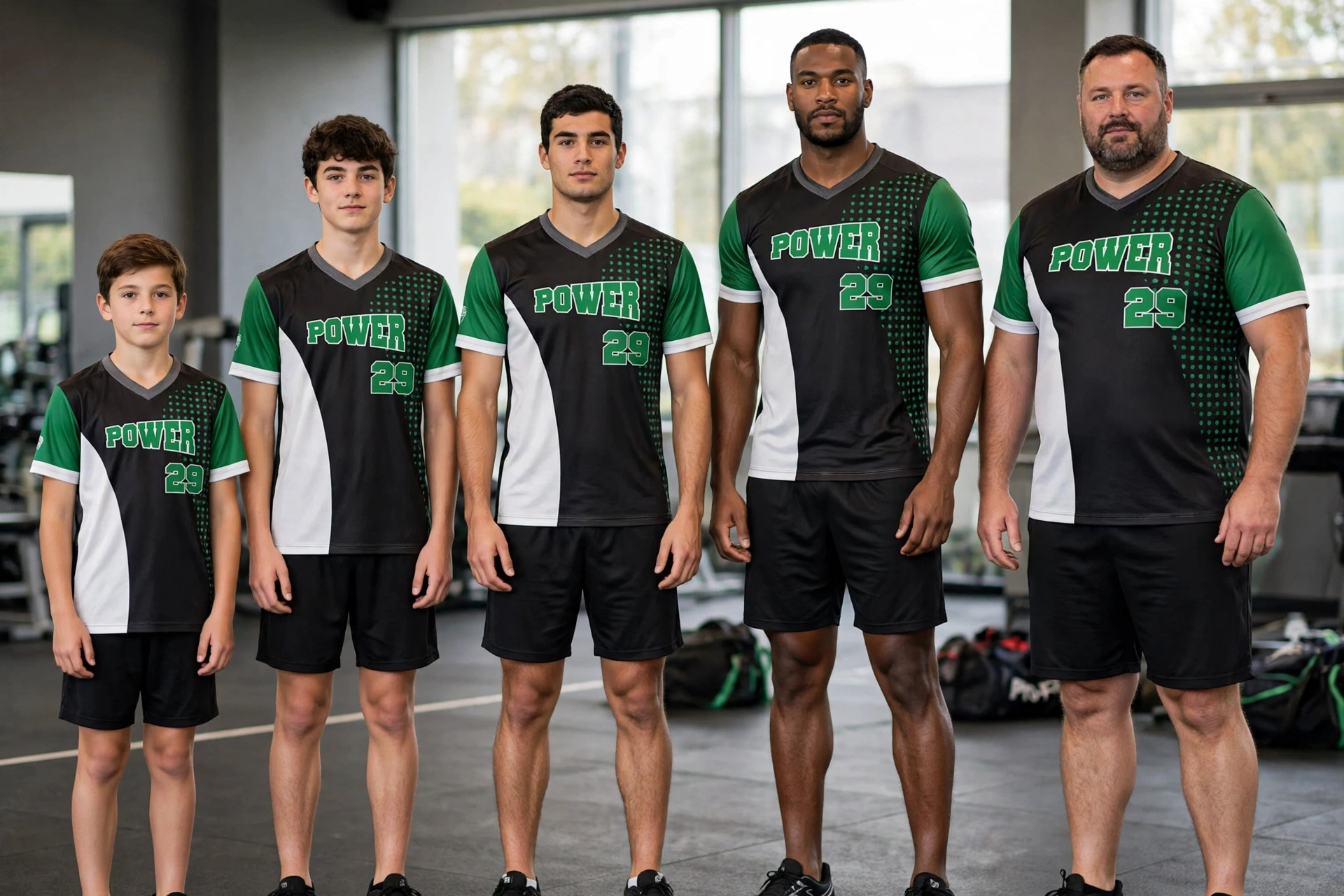 POWER 29 jerseys on athletes from youth to 6XL showing Pro-Fit and Standard-Fit.