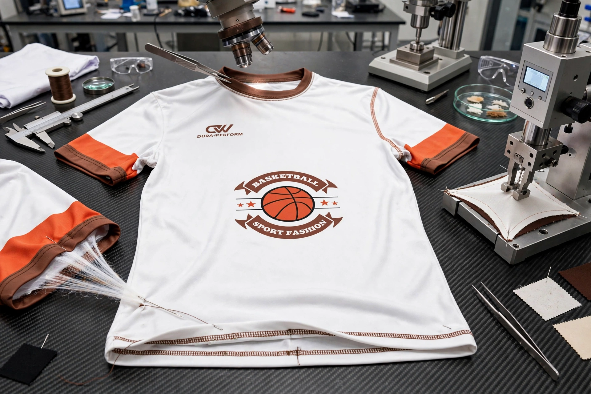 White basketball shirt durability lab double-needle bar-tacking testing