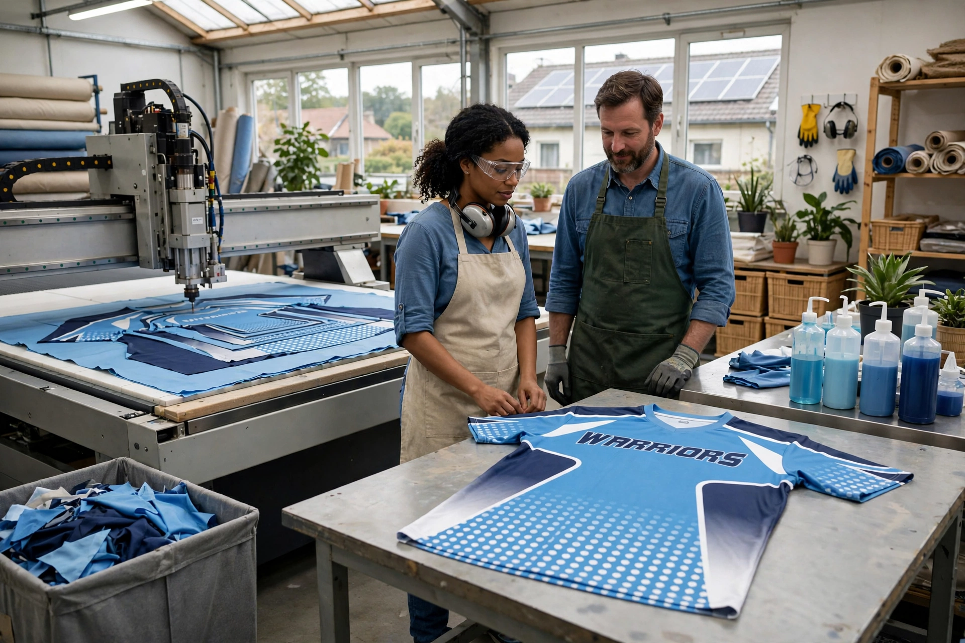 WARRIORS jersey in eco-friendly factory with CNC cutter and non-toxic inks.