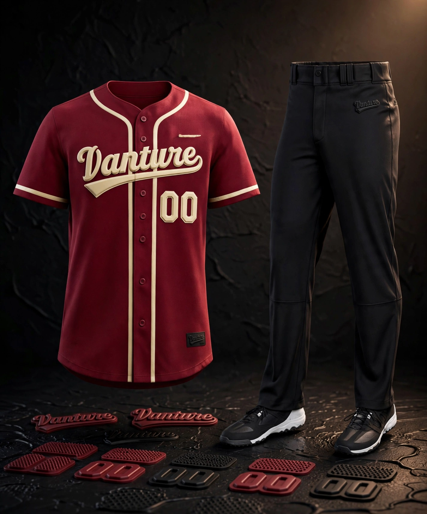 Silicone and Rubber Heat Transfers tactile 3D raised logos - burgundy maroon baseball jersey with cream piping and Vanture script in raised 3D silicone and 00 numbers in off-white rubberized finish, black baseball pants with silicone Vanture brand tag on thigh and small black rubber tag on jersey hem, eye-catchy dark textured studio with dramatic warm spotlight highlighting 3D raised texture, silicone Vanture logos and 00 numbers scattered on floor showing tactile high-end retail aesthetic and modern brand tag details