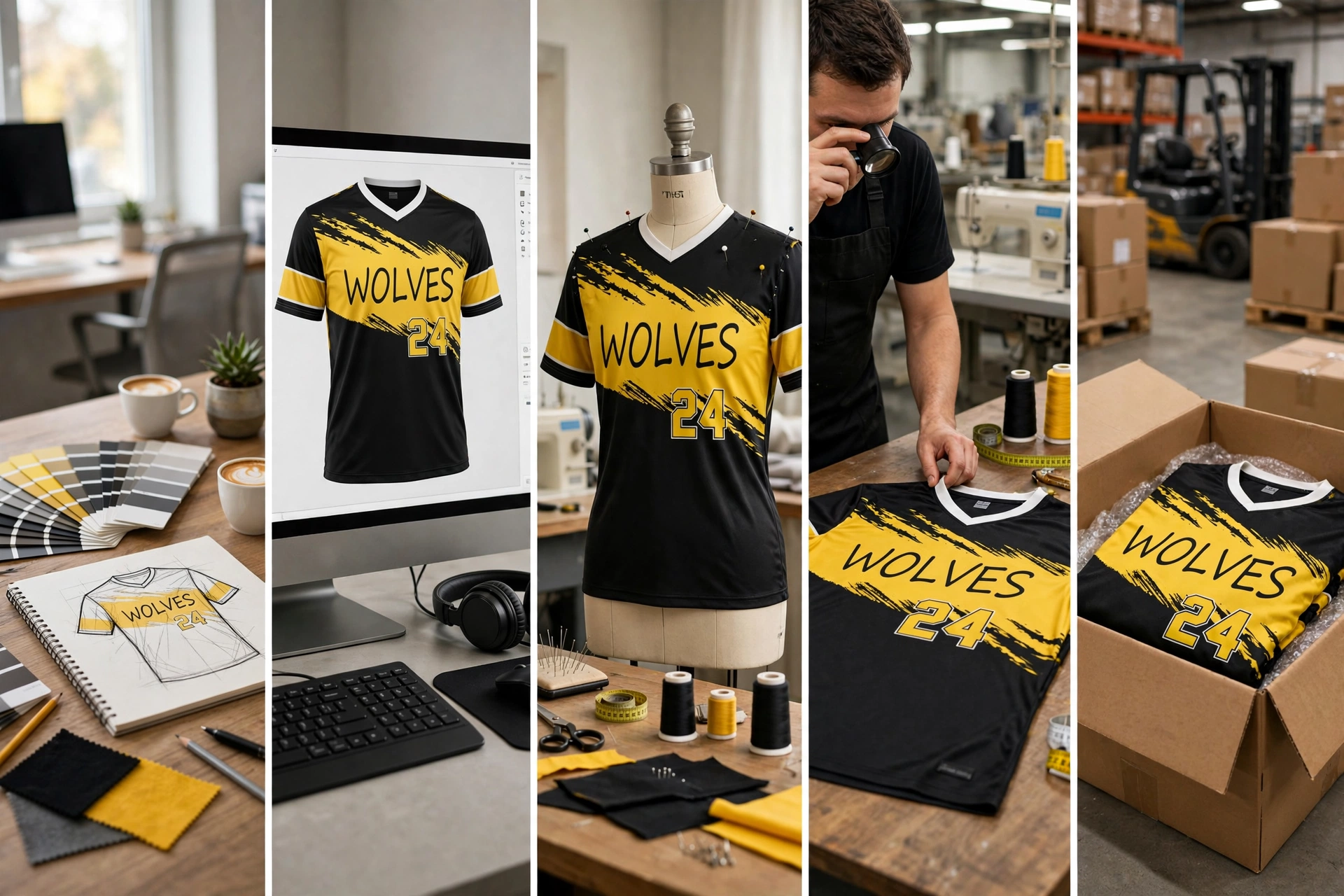 WOLVES 24 jersey 5-step workflow from design to shipping.