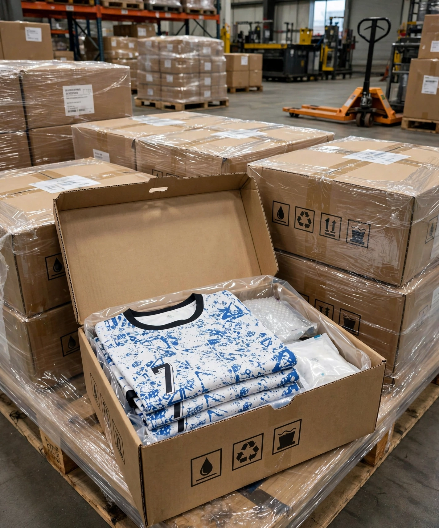 White blue #7 jerseys in shipping cartons