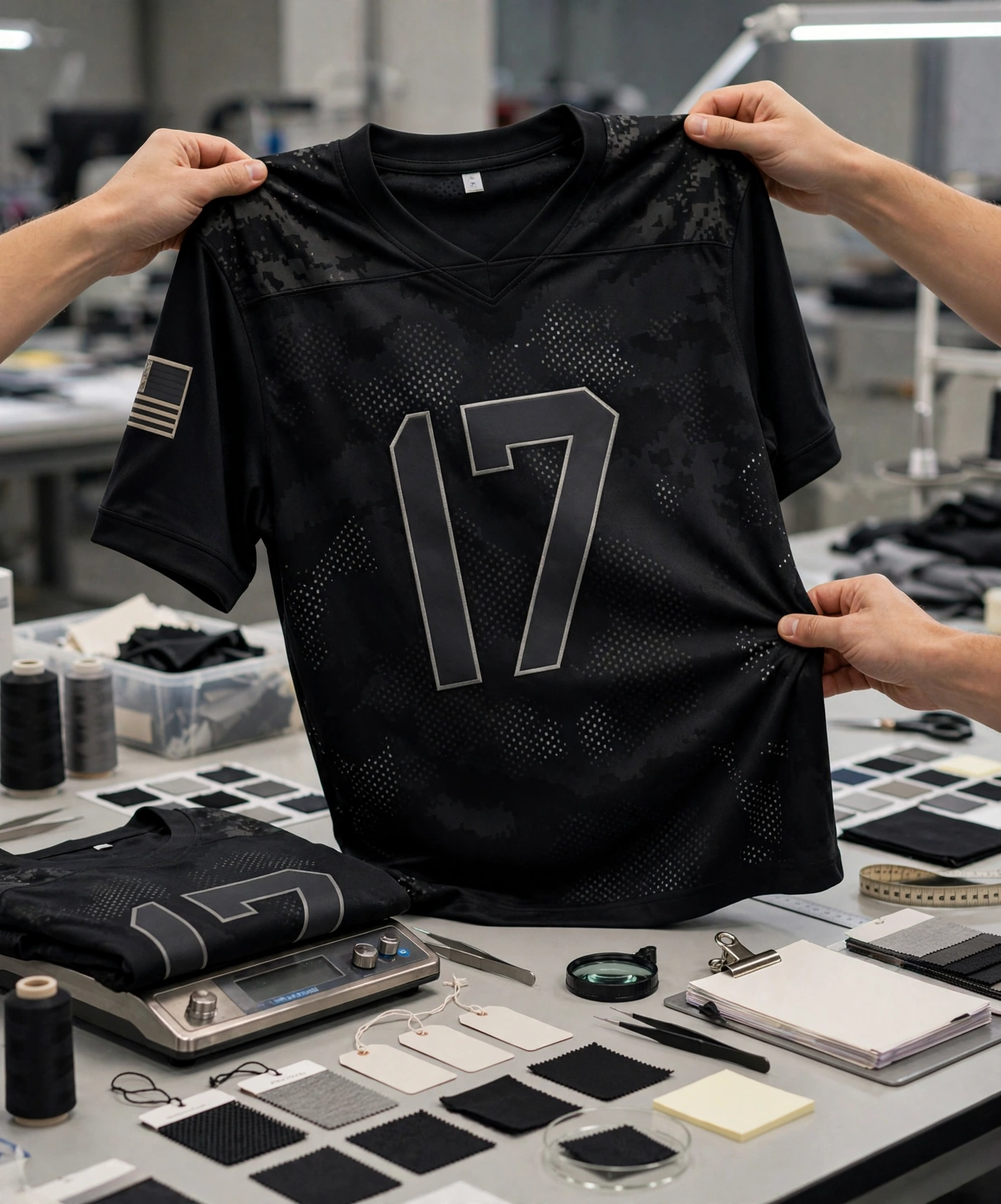 Black 17 jersey sample prototyping check for fabric weight, stitch strength, and color vibrancy.
