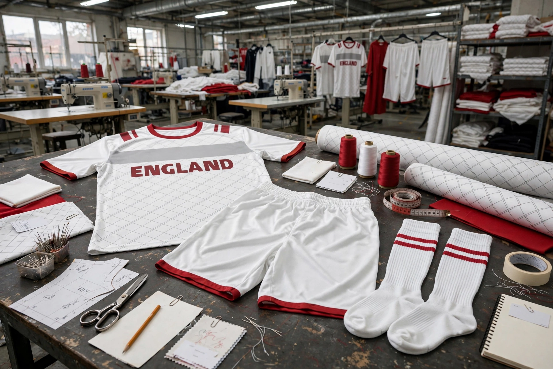 ENGLAND white-red kit on factory table with fabric rolls,
