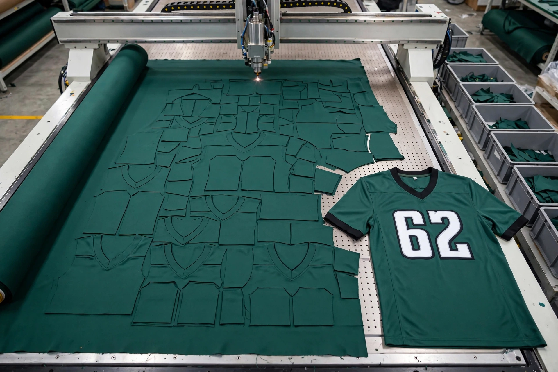 Deuka Wears dark green football jersey number 62 on CNC computerized cutting table showing optimized nesting layout maximizing fabric efficiency and reducing textile waste with precision laser cutting