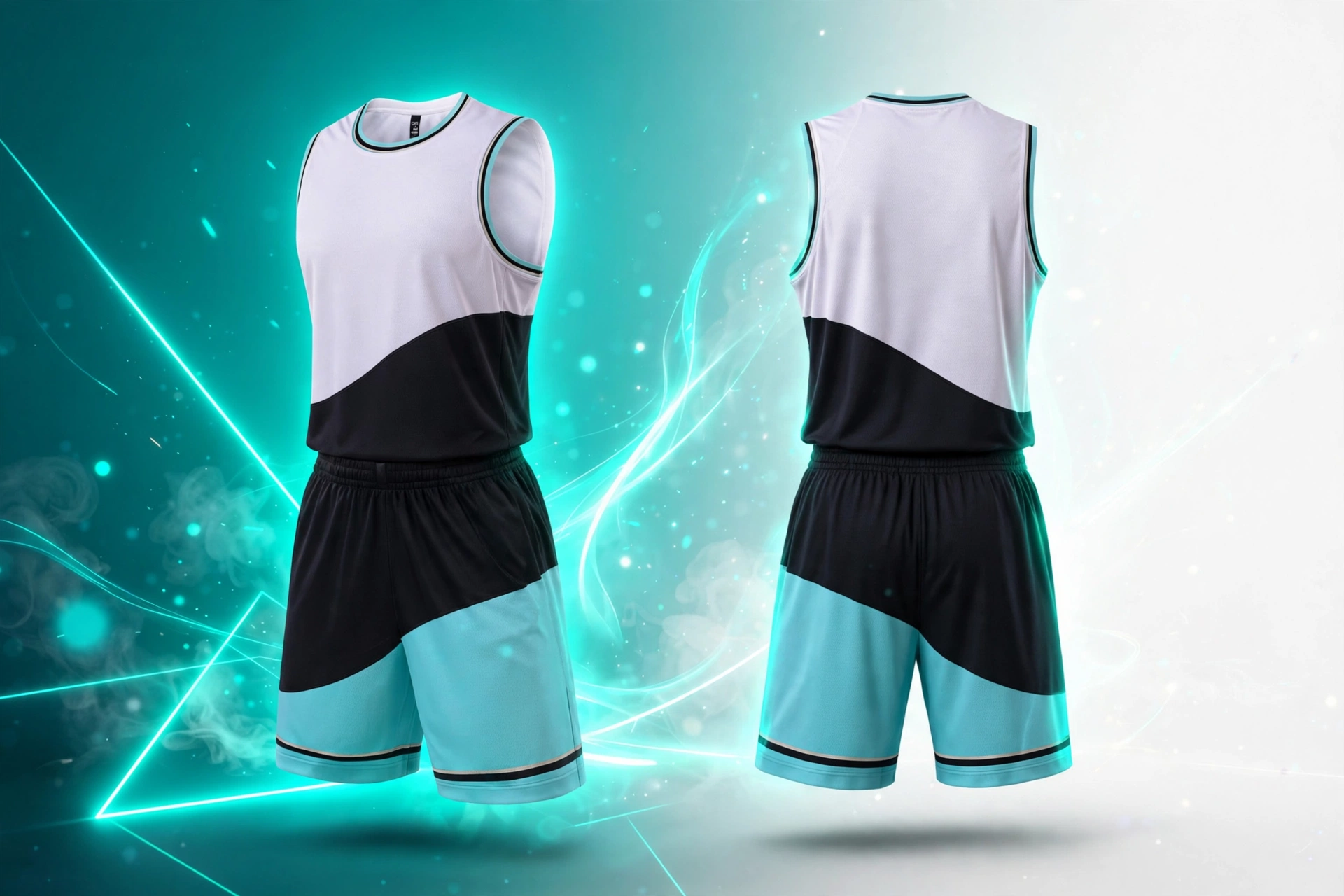 Ultra eye-catchy white black and turquoise color block basketball uniform front and back floating with teal neon glow light streaks and sparkle bokeh on gradient background representing ethical labor standards