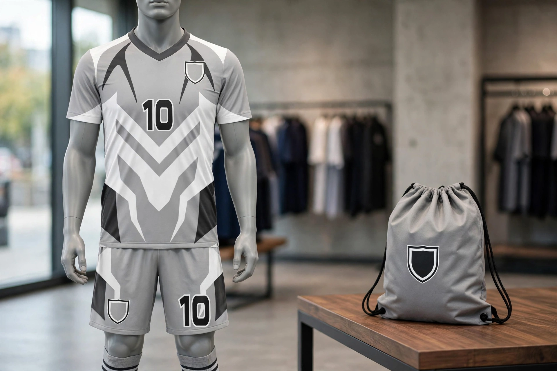 Gray chevron 10 kit in Standard-Fit comfort cut on mannequin with matching bag,