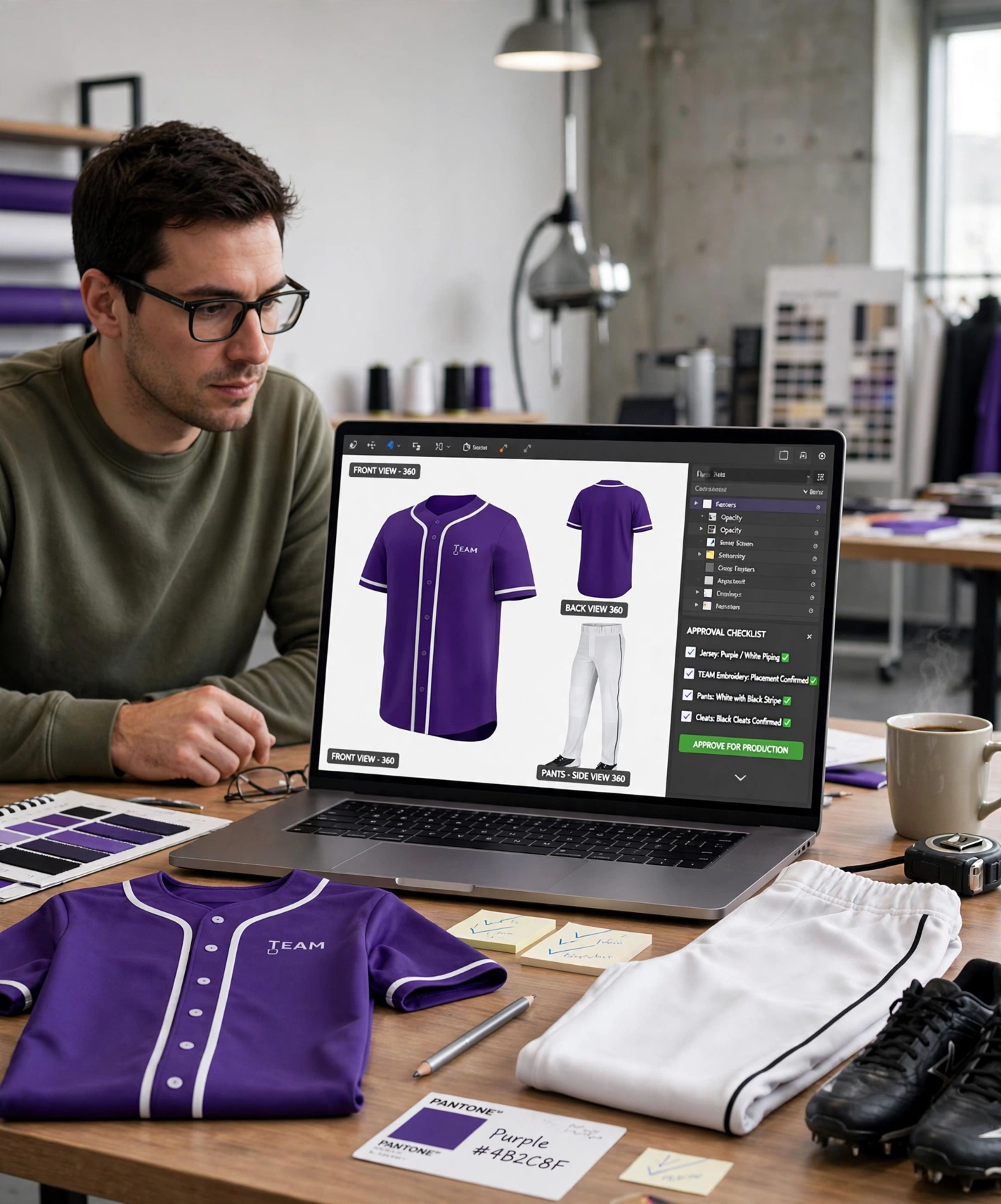 Designer reviewing digital mockup approval on laptop showing detailed 3D renderings of purple baseball jersey with white piping labeled TEAM in front view 360, back view 360, and white pants with black stripe side view 360, with approval checklist, physical purple jersey, white pants, black cleats, and Pantone Purple #4B2C8F swatch on wooden design desk