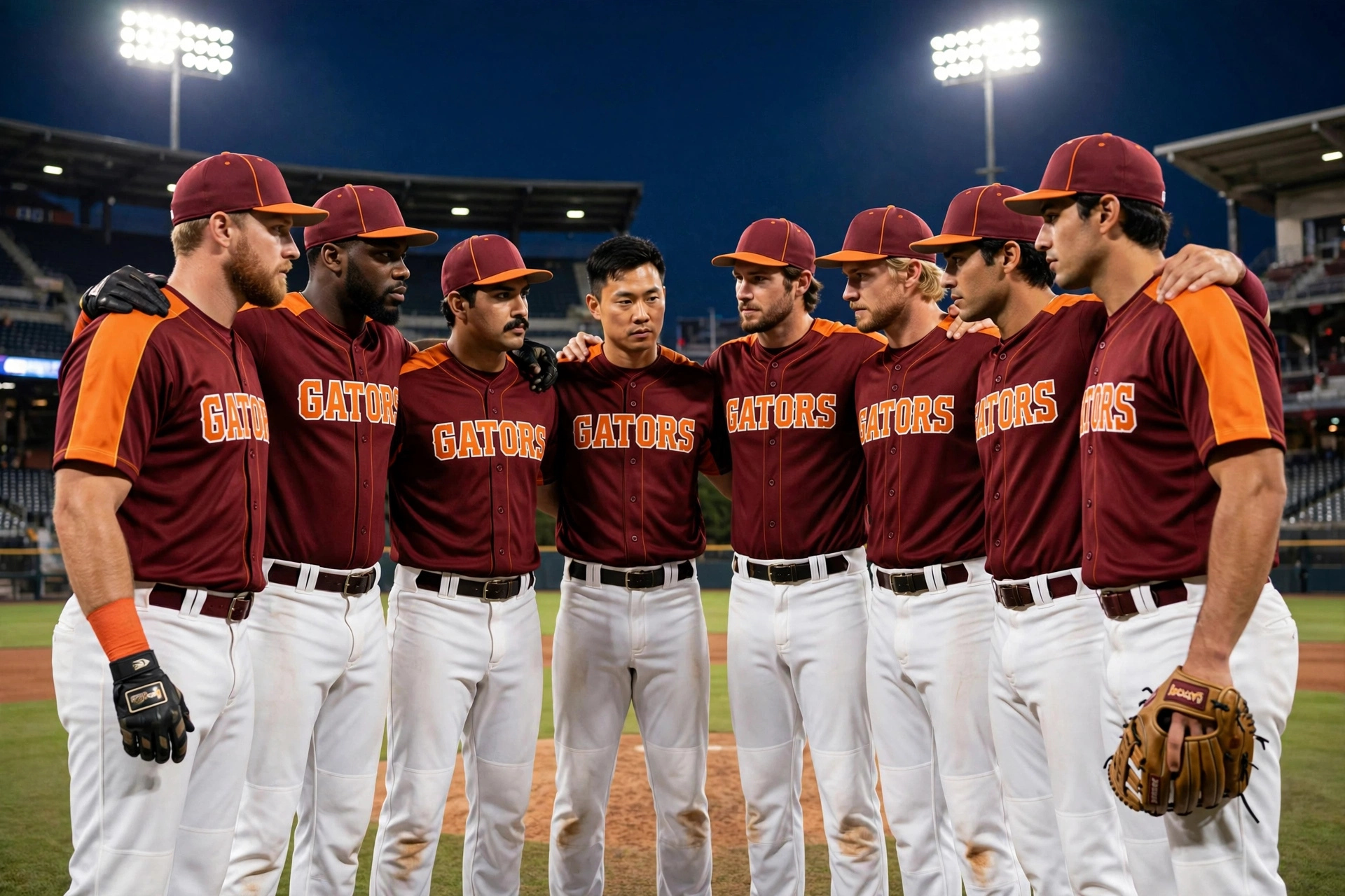 Eight baseball players in maroon GATORS jerseys with orange shoulder panels and orange GATORS text with white outline, white baseball pants with dirt stains, maroon caps with orange brim, standing in a huddle with arms around each other on a baseball field at night under bright stadium lights, showing team unity and discipline