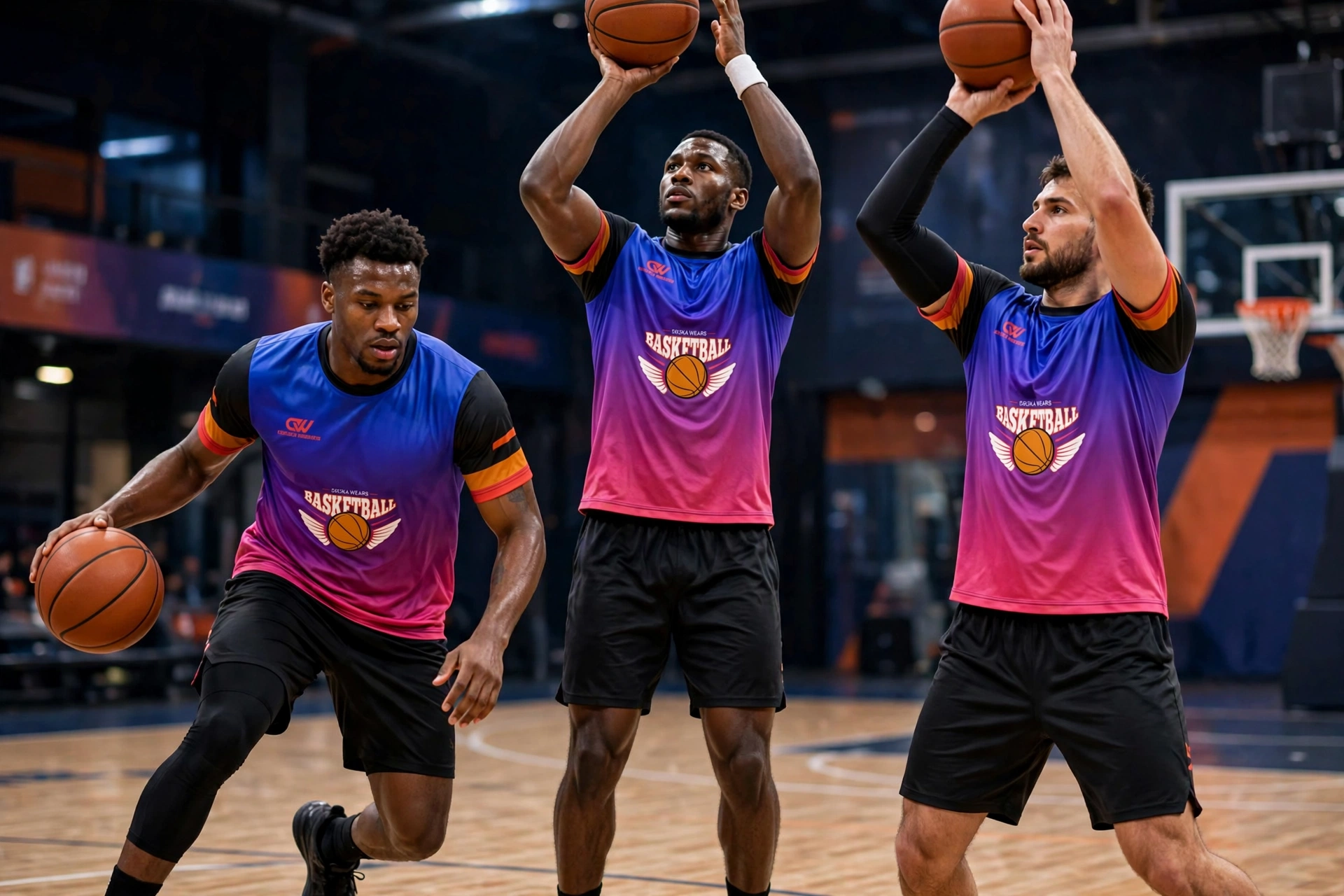 Ergonomic upper-body mobility - three basketball athletes wearing blue purple pink gradient warm-up t-shirts with black sleeves orange bands and winged basketball logo Deuka Wears demonstrating fluid shooting