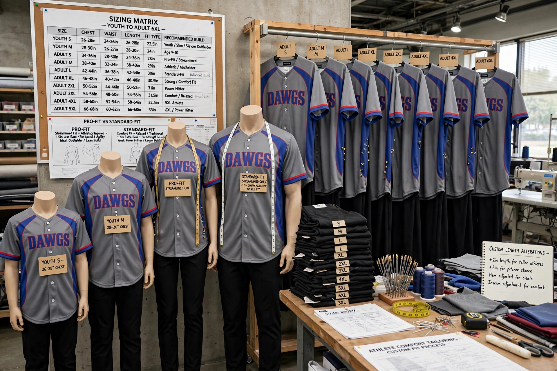 Comprehensive sizing architecture display showing gray DAWGS baseball jerseys with blue and red trim in sizes Youth S 26-28 inch chest to Adult 6XL, mannequins labeled Youth M 28-30 chest, Pro-Fit streamlined cut, Standard-Fit, rack of Adult S to 6XL jerseys, stack of black pants sizes S to 6XL, sizing matrix chart Youth to Adult 6XL with chest waist length fit type, custom length alterations board, measuring tapes and tailoring tools on table