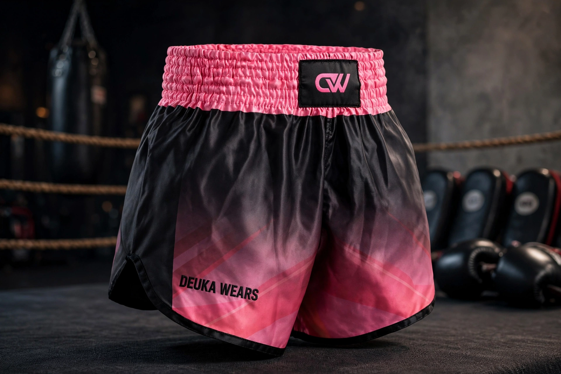 Black pink Muay Thai shorts Deuka Wears eye-catchy