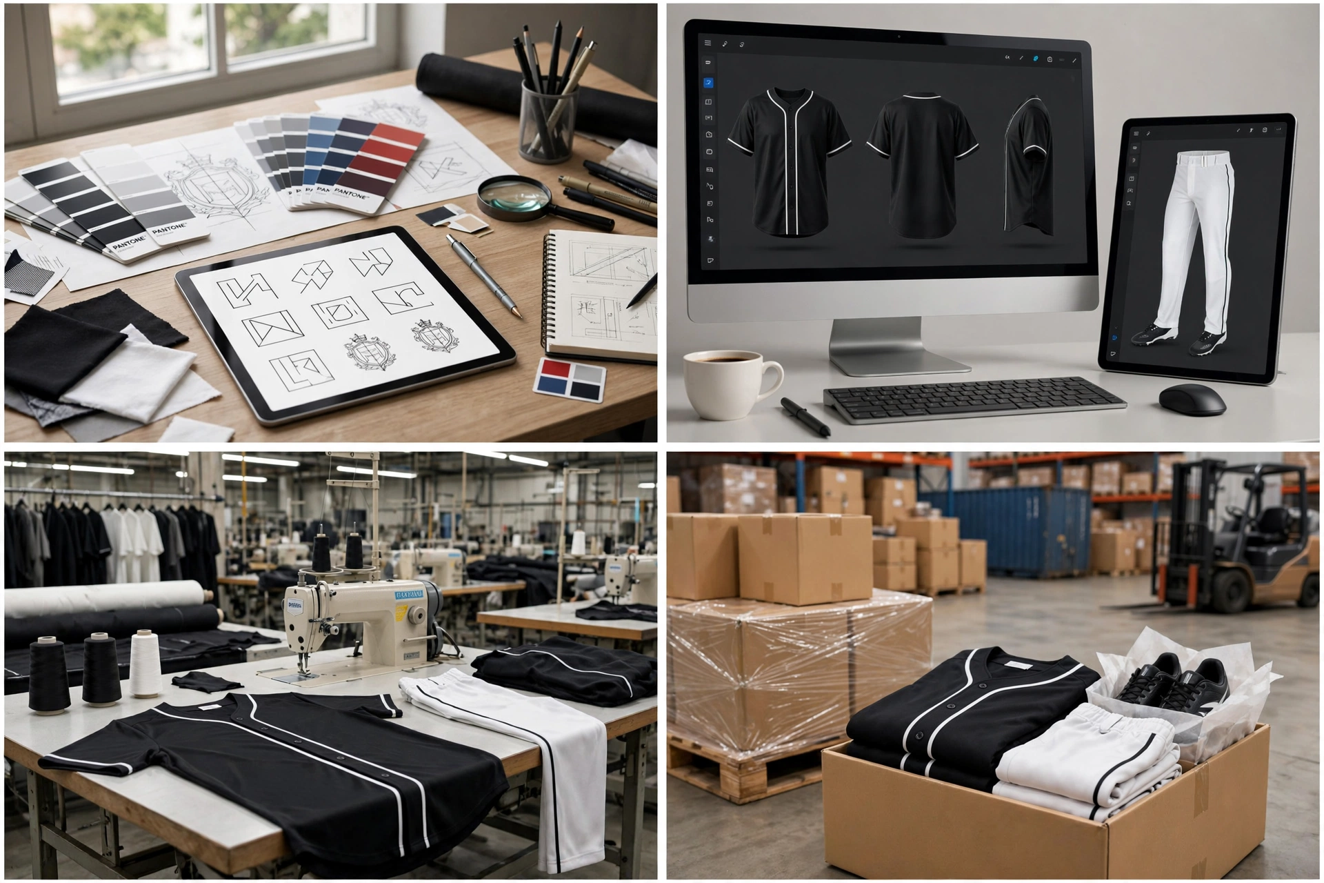 1536x1024 four-panel workflow for custom black baseball jersey with white piping showing design concept with Pantone swatches, 3D digital mockups front back side, factory sewing execution, and global delivery in cartons