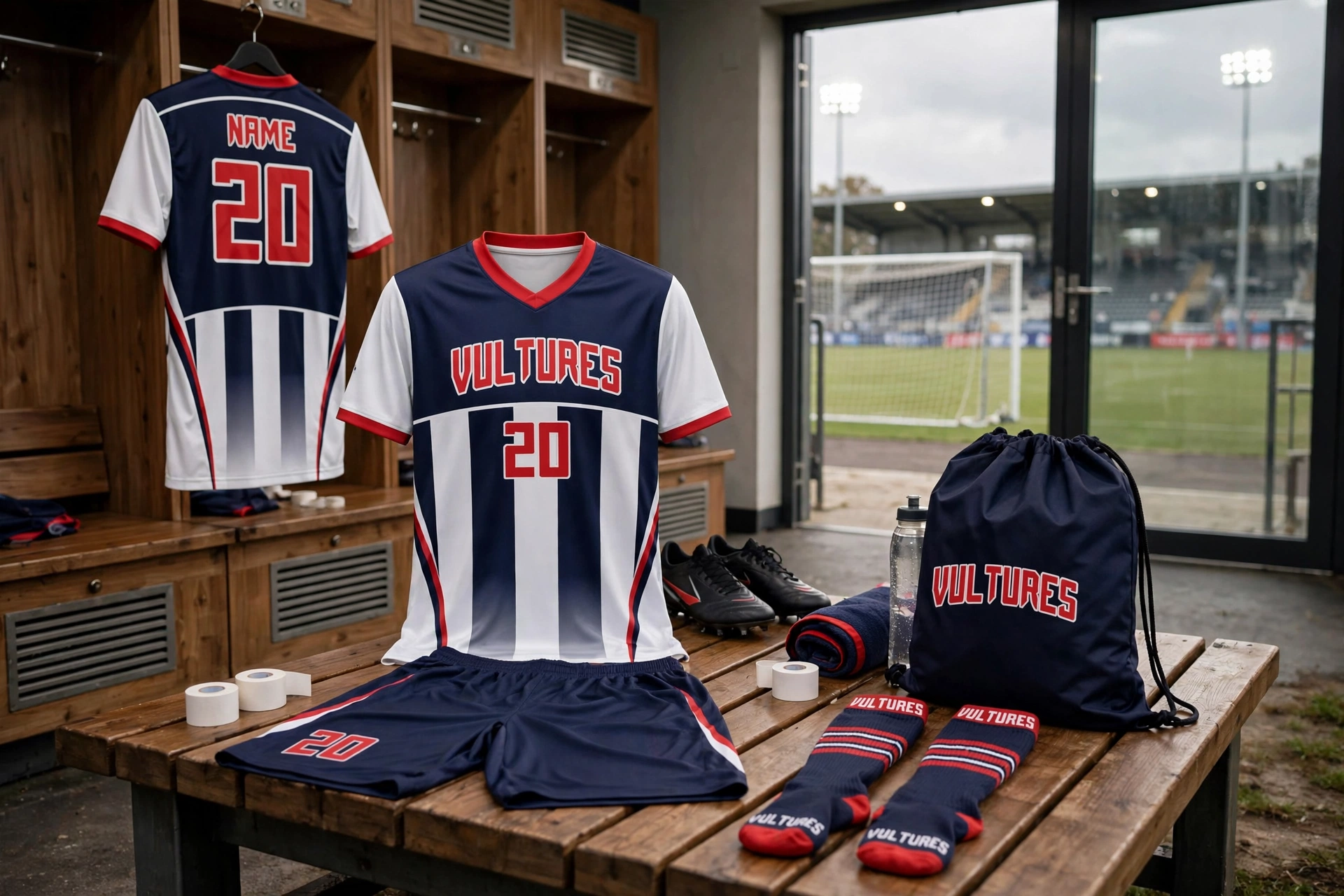 Your VULTURES 20 kit staged in the locker room with pitch view