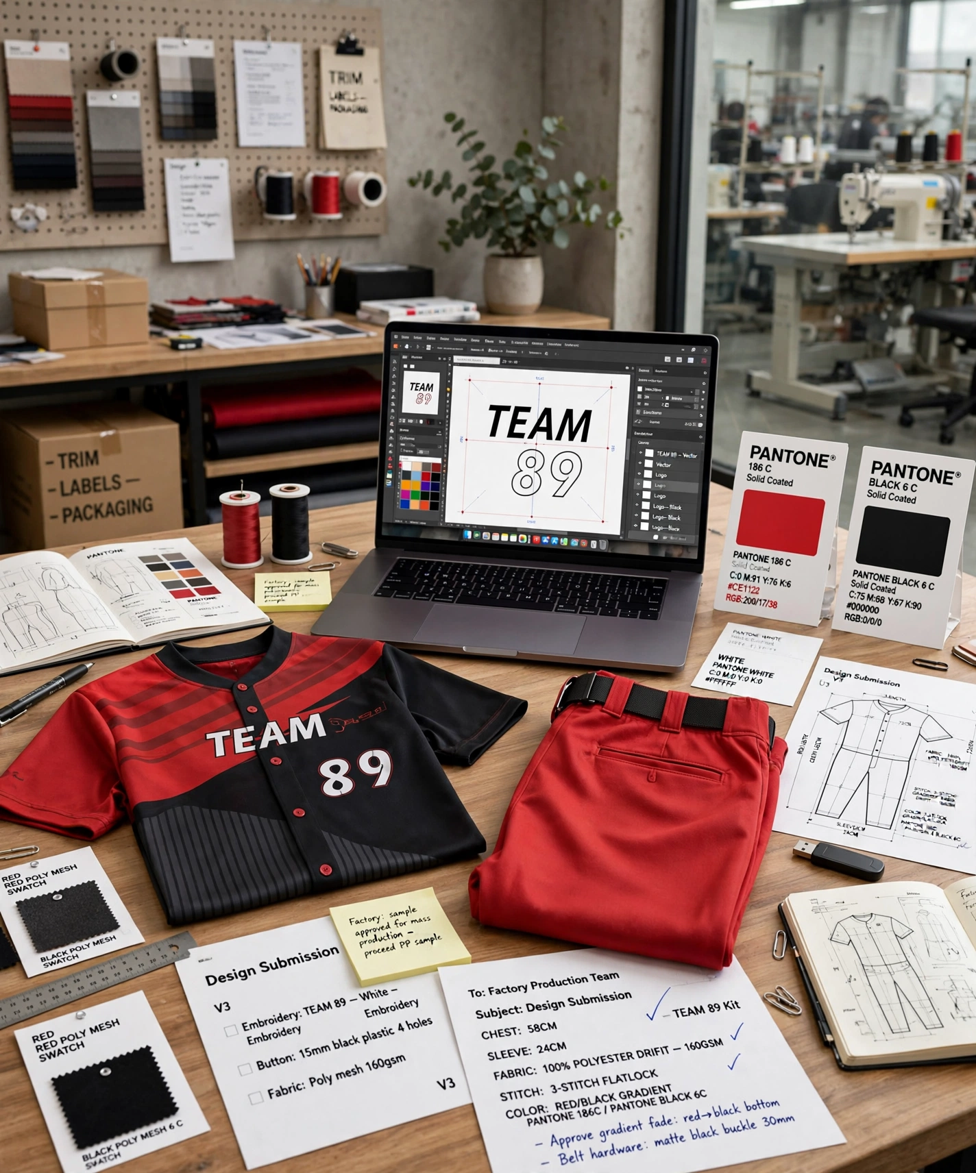 Design submission workspace showing red and black TEAM 89 jersey and red pants on wooden table with laptop displaying vector logo artwork, Pantone color swatches, apparel specification sketches, and fabric samples in factory studio