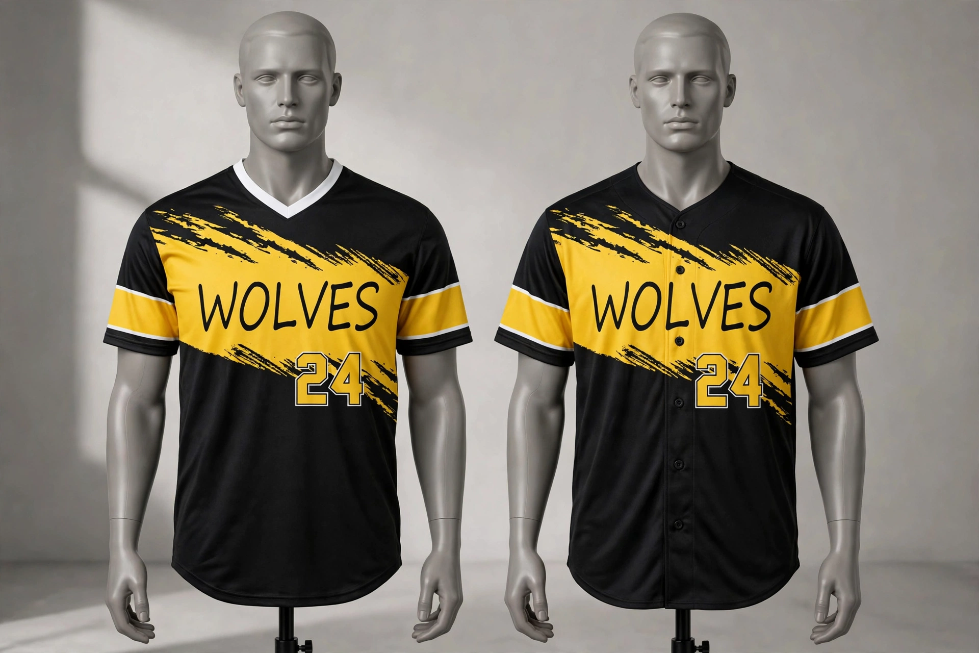 Two mannequins showing WOLVES 24 jerseys in V-neck vs full-button, black and yellow.