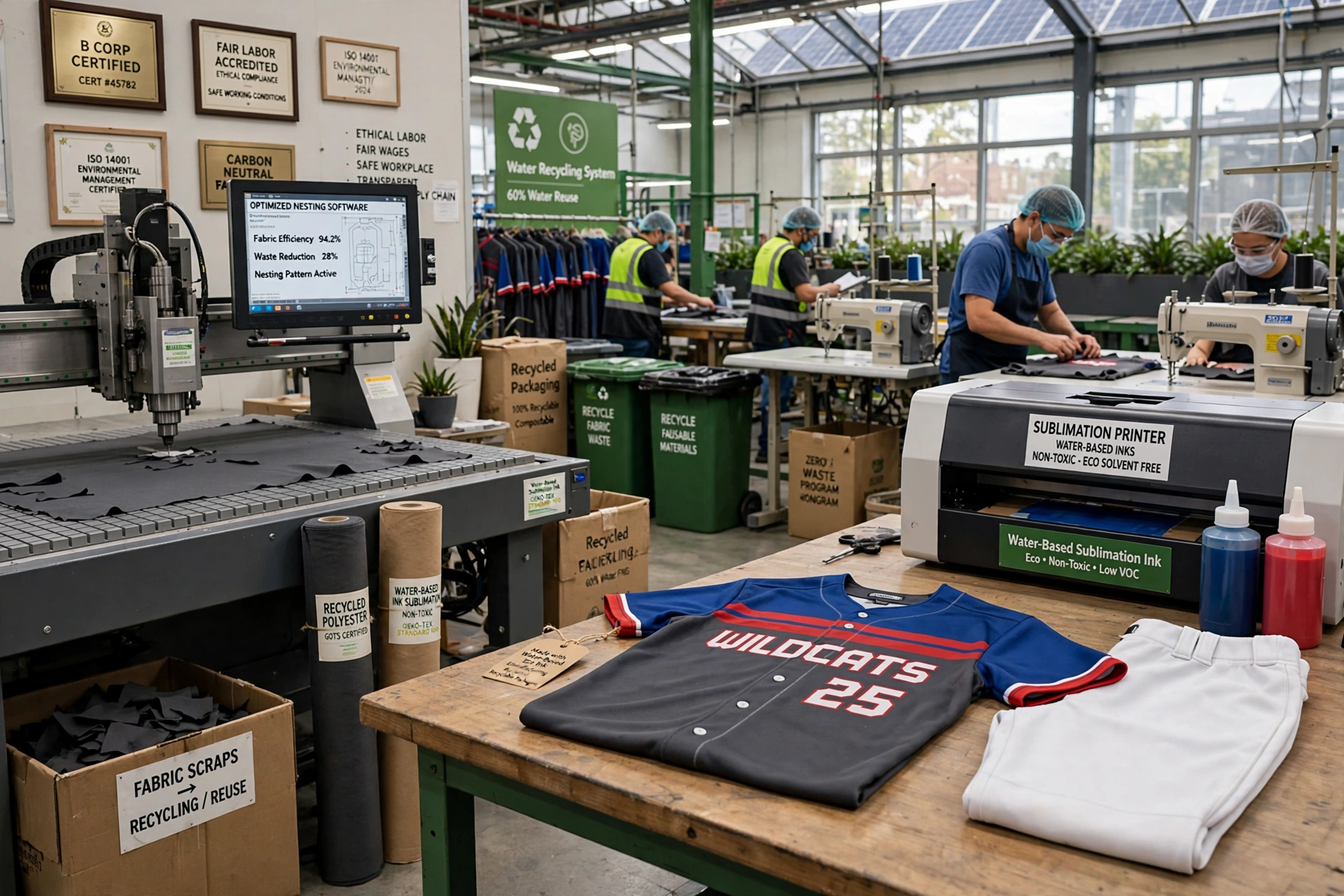 ustainable ethical baseball apparel factory with CNC cutting table running optimized nesting software showing 94.2% fabric efficiency and 28% waste reduction, sublimation printer labeled water-based non-toxic inks, WILDCATS 25 gray jersey with royal blue sleeves and red stripes and white pants on workbench, fabric scraps recycling box, recycled packaging boxes, B Corp Certified, Fair Labor Accredited, ISO 14001, Carbon Neutral certificates on wall, water recycling system 60% water reuse banner, solar panels on roof, workers in safe conditions sewing uniforms