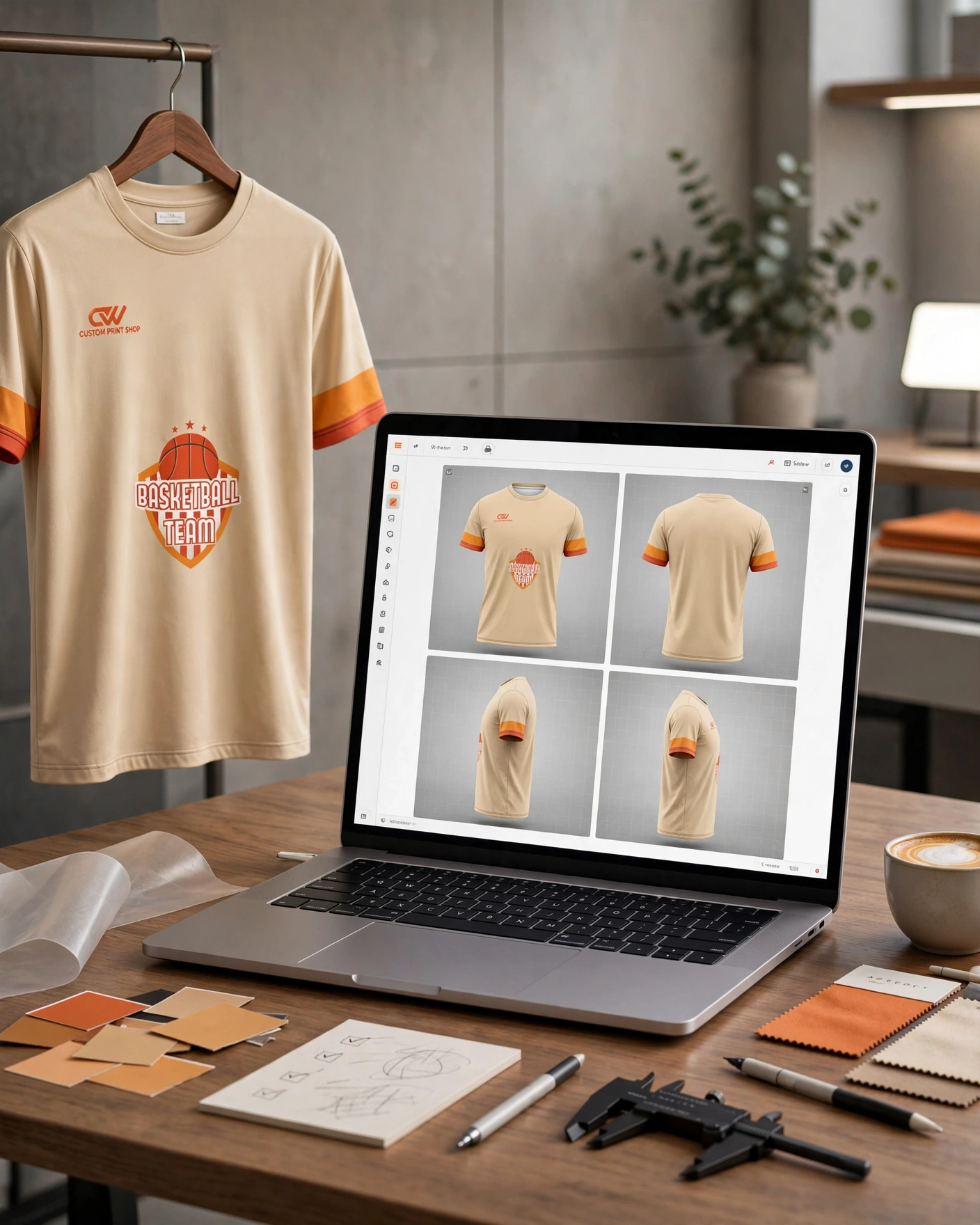Beige Basketball Team shirt 3D mockup front back side views approval
