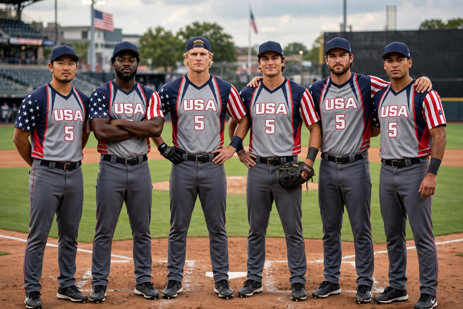USA 5 team lined up on diamond showing unity.