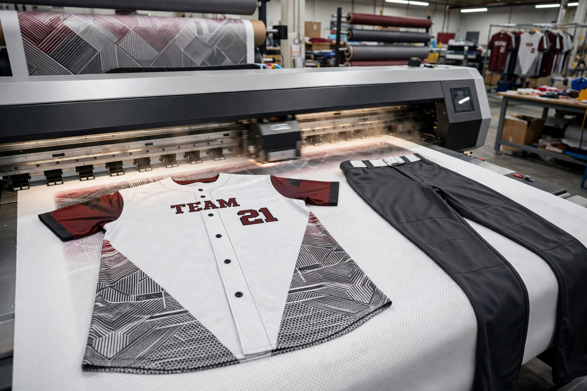ext: State-of-the-art full sublimation printing process showing white TEAM 21 jersey with maroon sleeves and intricate geometric gradient side panels being printed on large industrial sublimation printer with vibrant UV-resistant inks fusing into polyester fibers, charcoal pants beside it, factory setting,