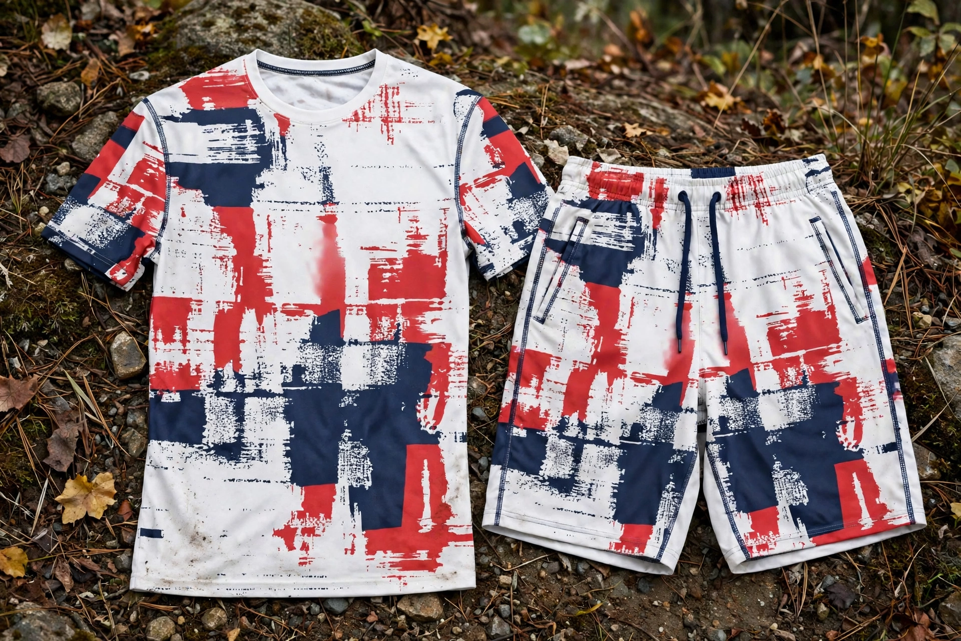 White red-blue brushstroke jersey and shorts on rocky ground, even wear