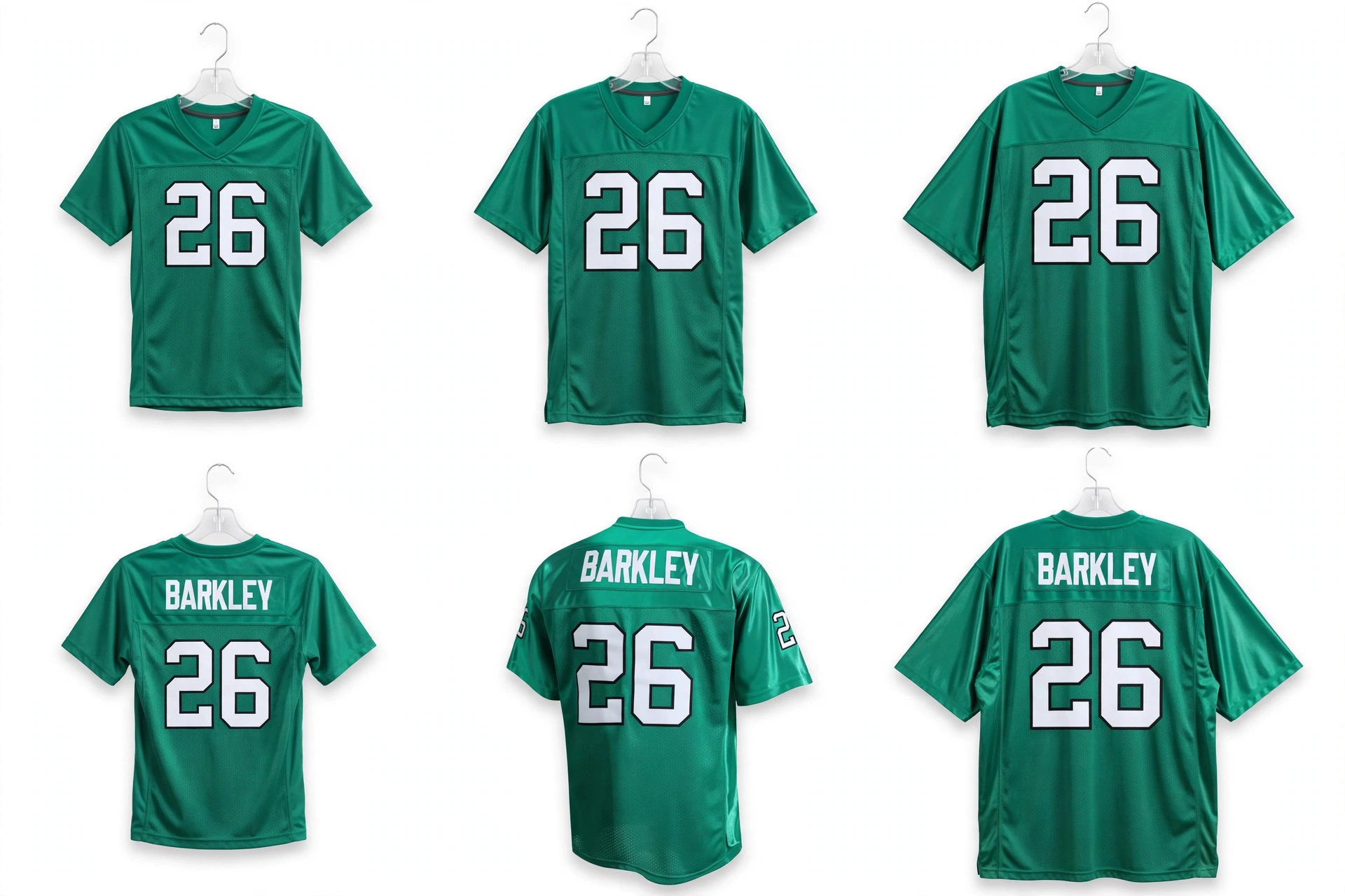 Deuka Wears emerald green Barkley 26 football jersey sizing matrix showing Youth Skill-Position Pro-Fit slim cut, Adult Standard cut, and Lineman 8XL loose-fit extended torso cut front and back views