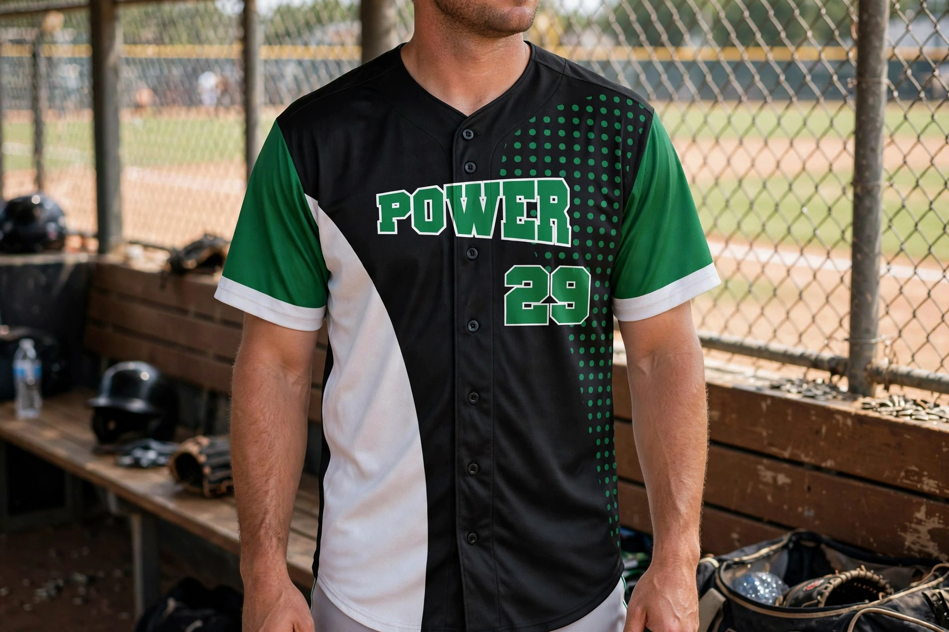 Full-button POWER 29 jersey in black green white, player in dugout.