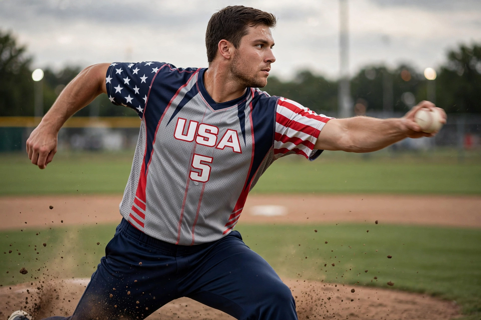 USA 5 jersey with stars and stripes sleeves, pitcher throwing on diamond showing technical mesh fabric.