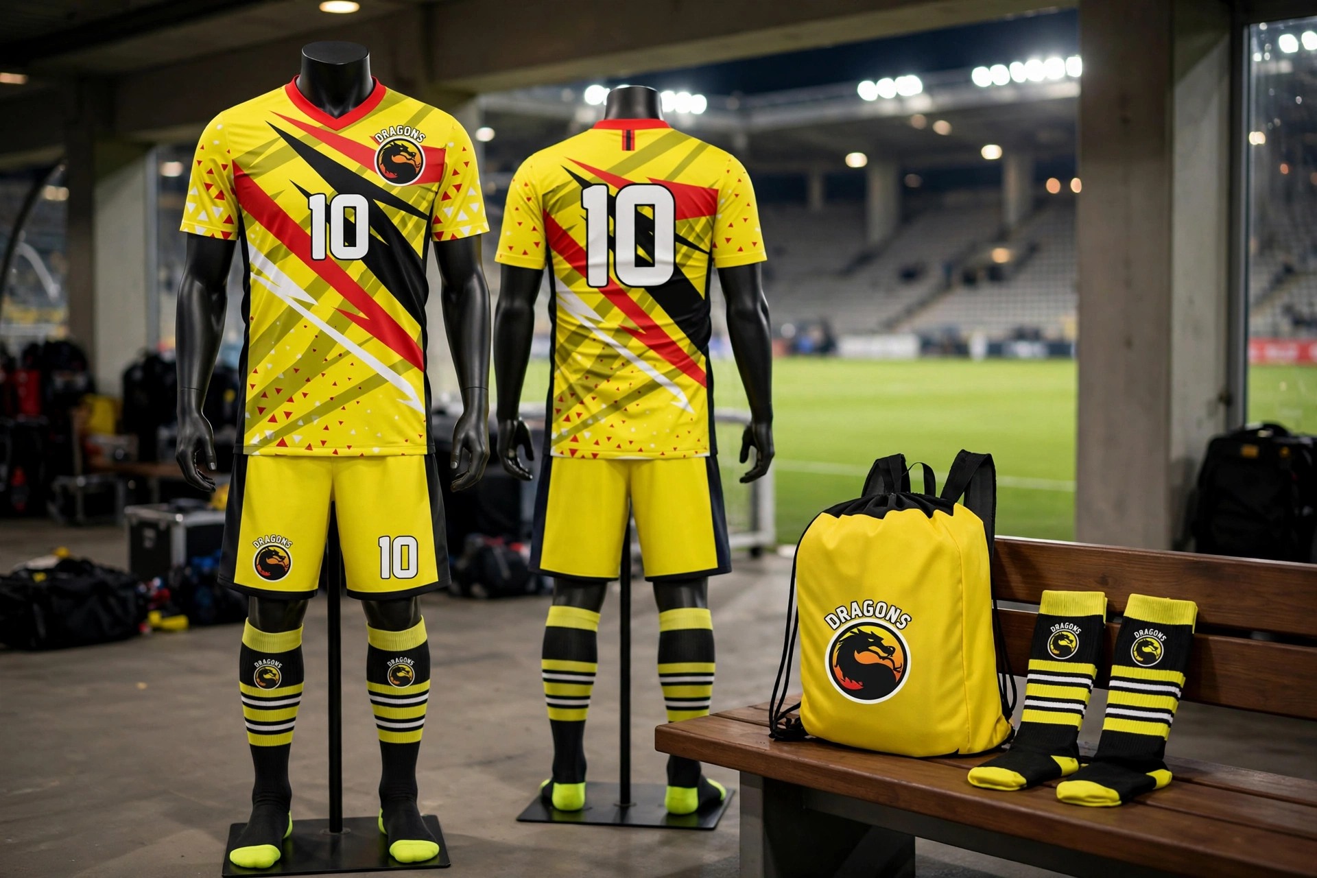 DRAGONS 10 full soccer kit with jersey shorts socks bag.