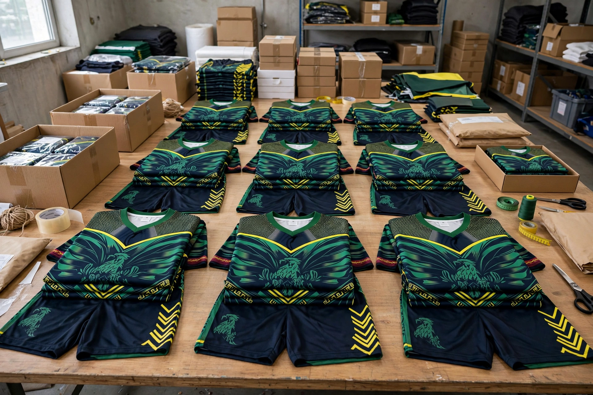 Green eagle jerseys and shorts packed as full roster sets,