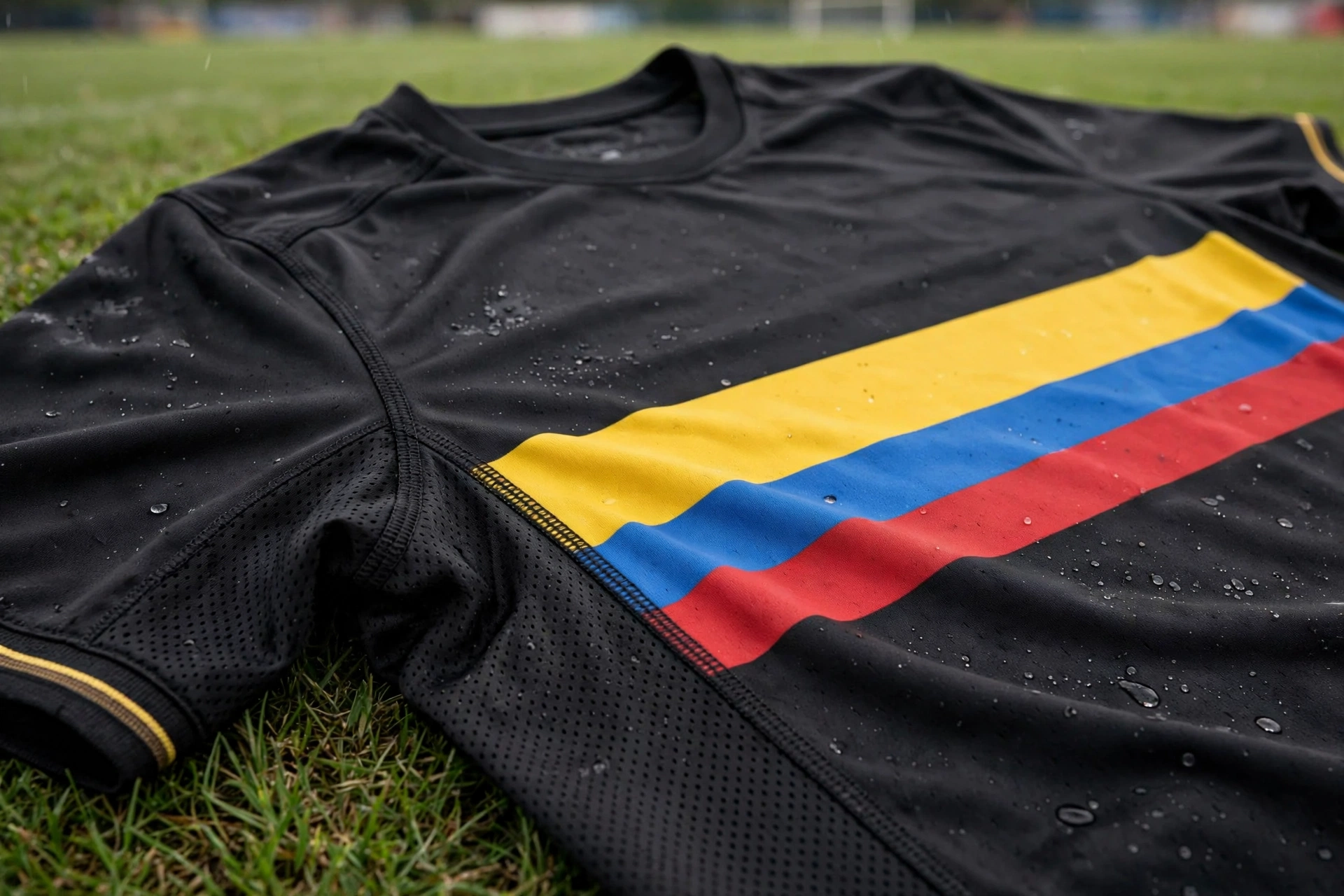 Black jersey with yellow-blue-red chest stripe on grass, showing mesh panels