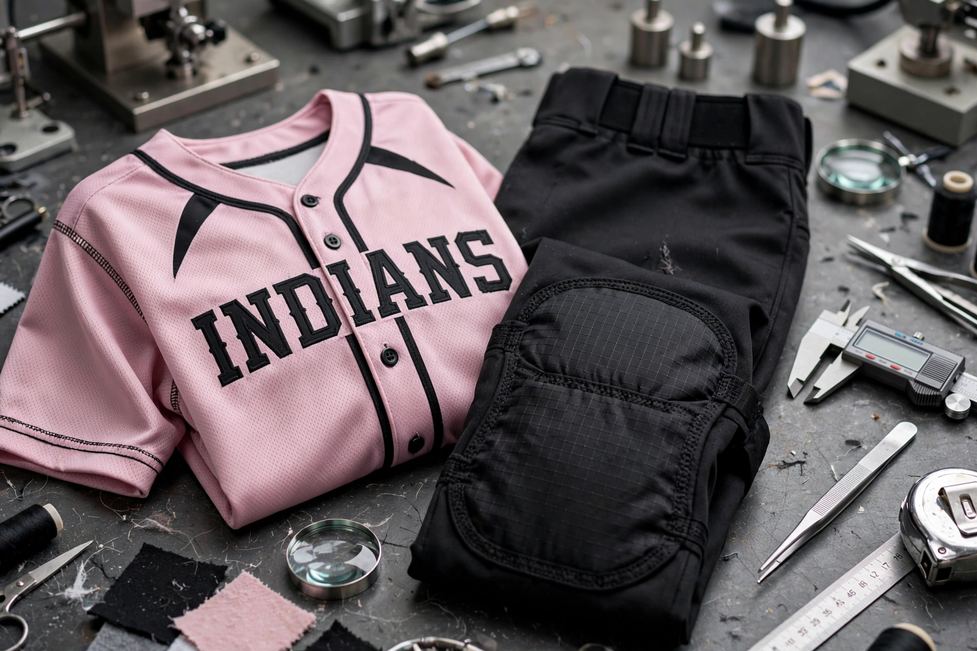 Engineering durability flat lay showing light pink INDIANS baseball jersey with black piping and black baseball pants with double-layer reinforced knee panels, surrounded by textile testing tools including digital calipers, magnifying loupes, measuring tape, scissors, fabric swatches, and industrial strength testing equipment on workbench