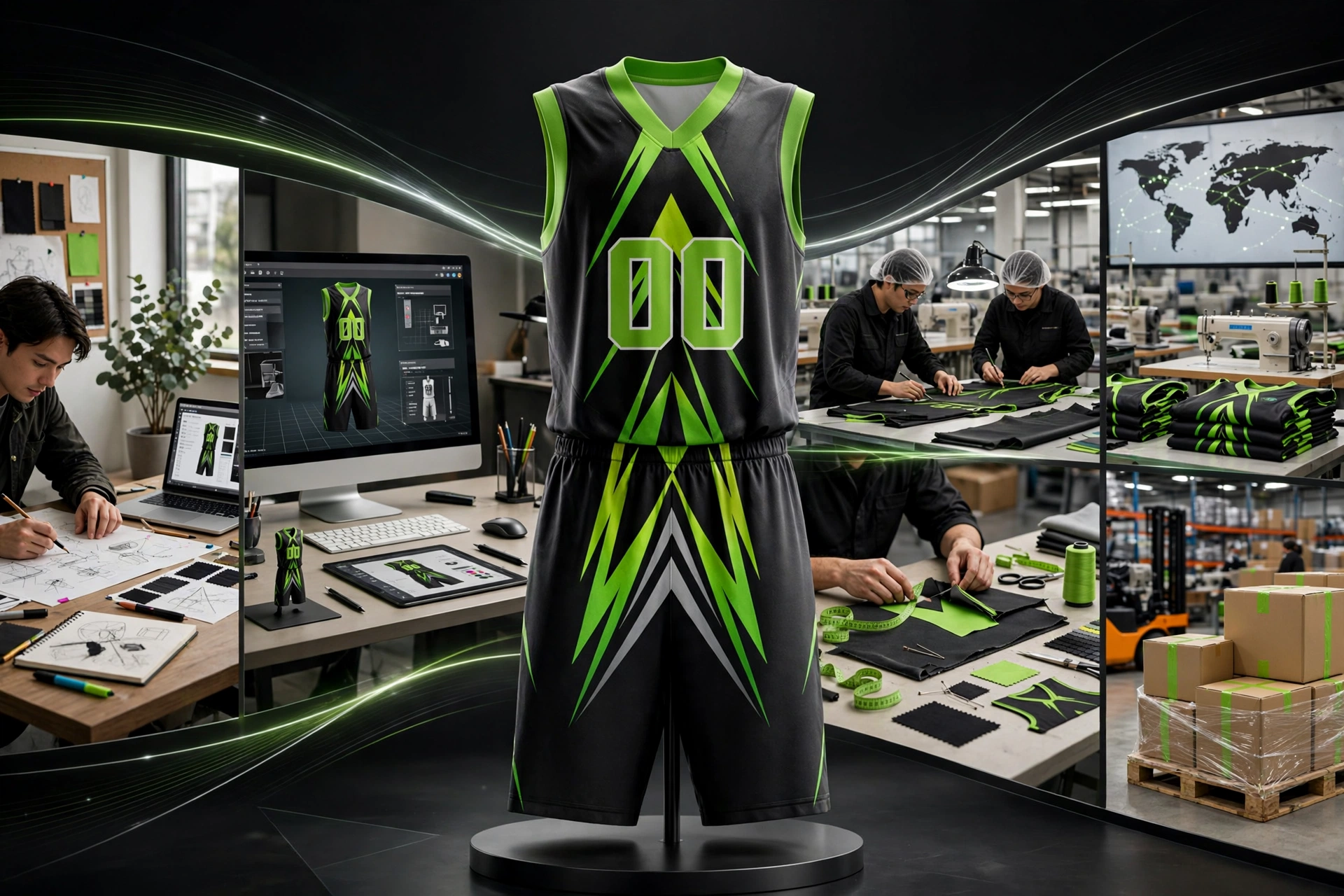 Step-by-step custom uniform ordering workflow visualization showing black neon green X-pattern basketball uniform 00 center with design consultation sketches 3D digital rendering approval sample prototyping mass production quality control and global logistics shipping