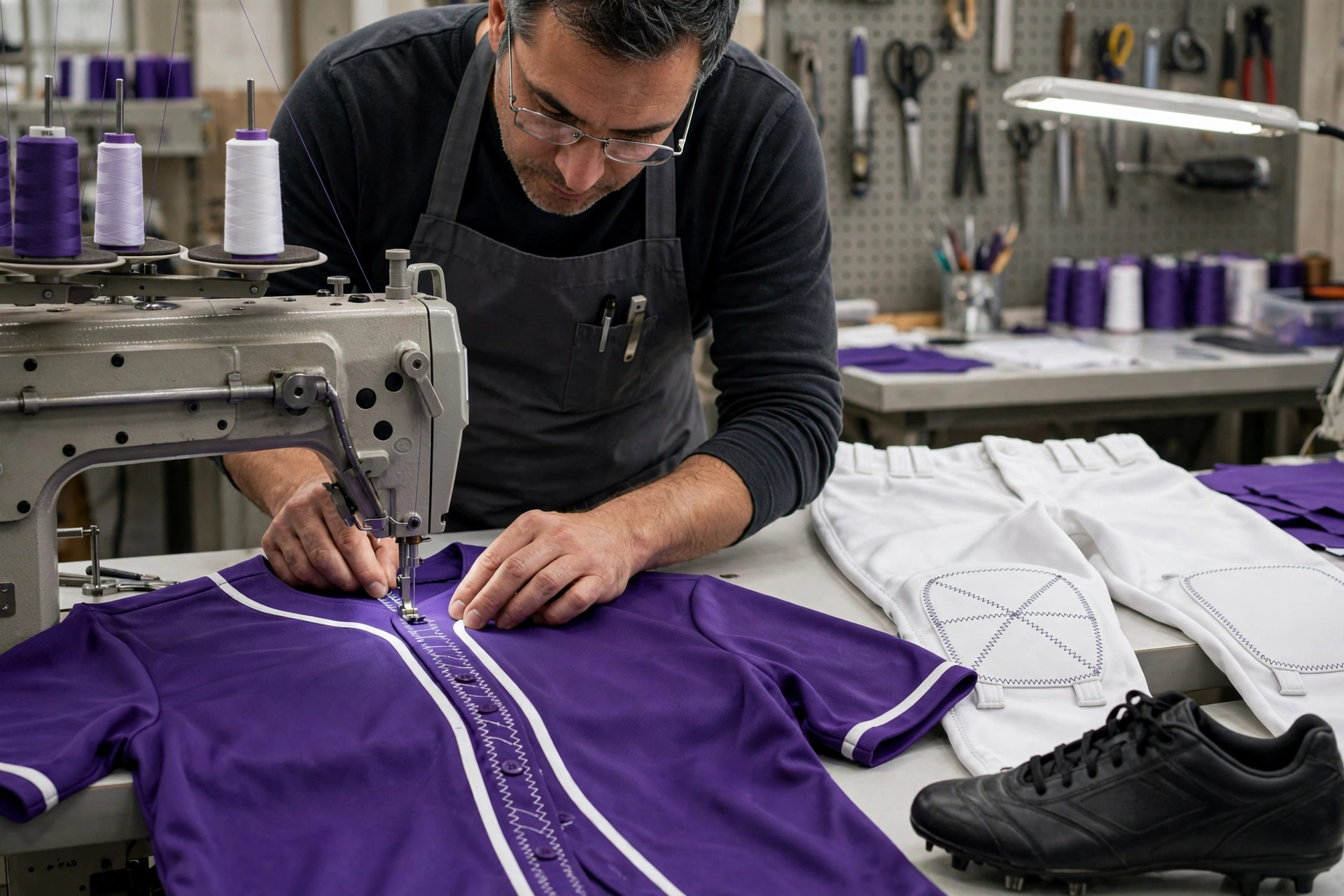 Master tailor using multi-needle industrial sewing machine to reinforce purple baseball jersey with white piping at button placket with zigzag bar-tacking, white pants with sliding knee patches and belt loops on workbench