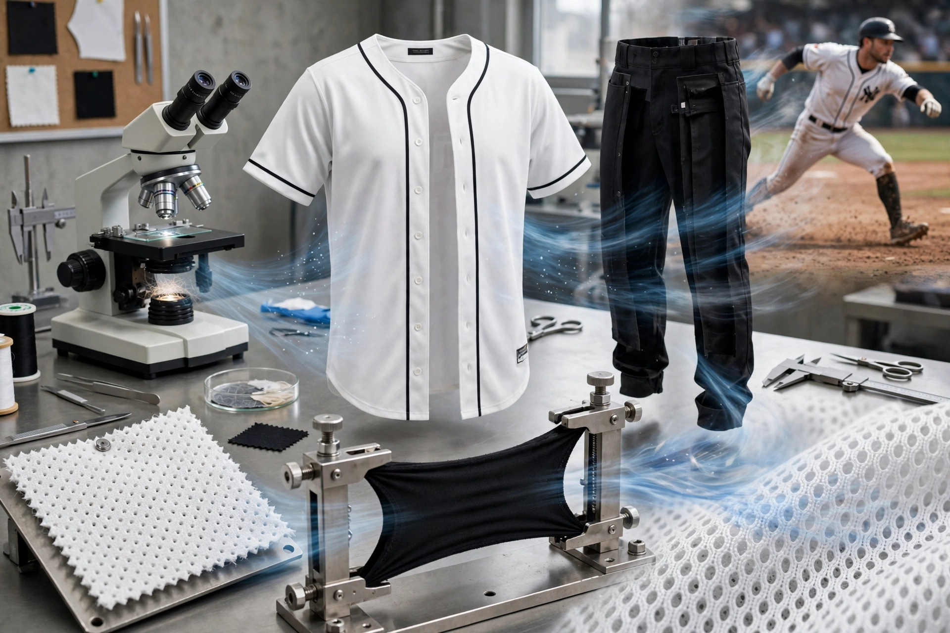 Advanced technical fabrics showcase for diamond performance showing white jersey with black piping and black pants floating above lab table with microscope, pin-dot and pro-mesh polyester swatches, double-knit spandex stretch test, reinforced placket stitching, with airflow visualization and baseball player sliding in background