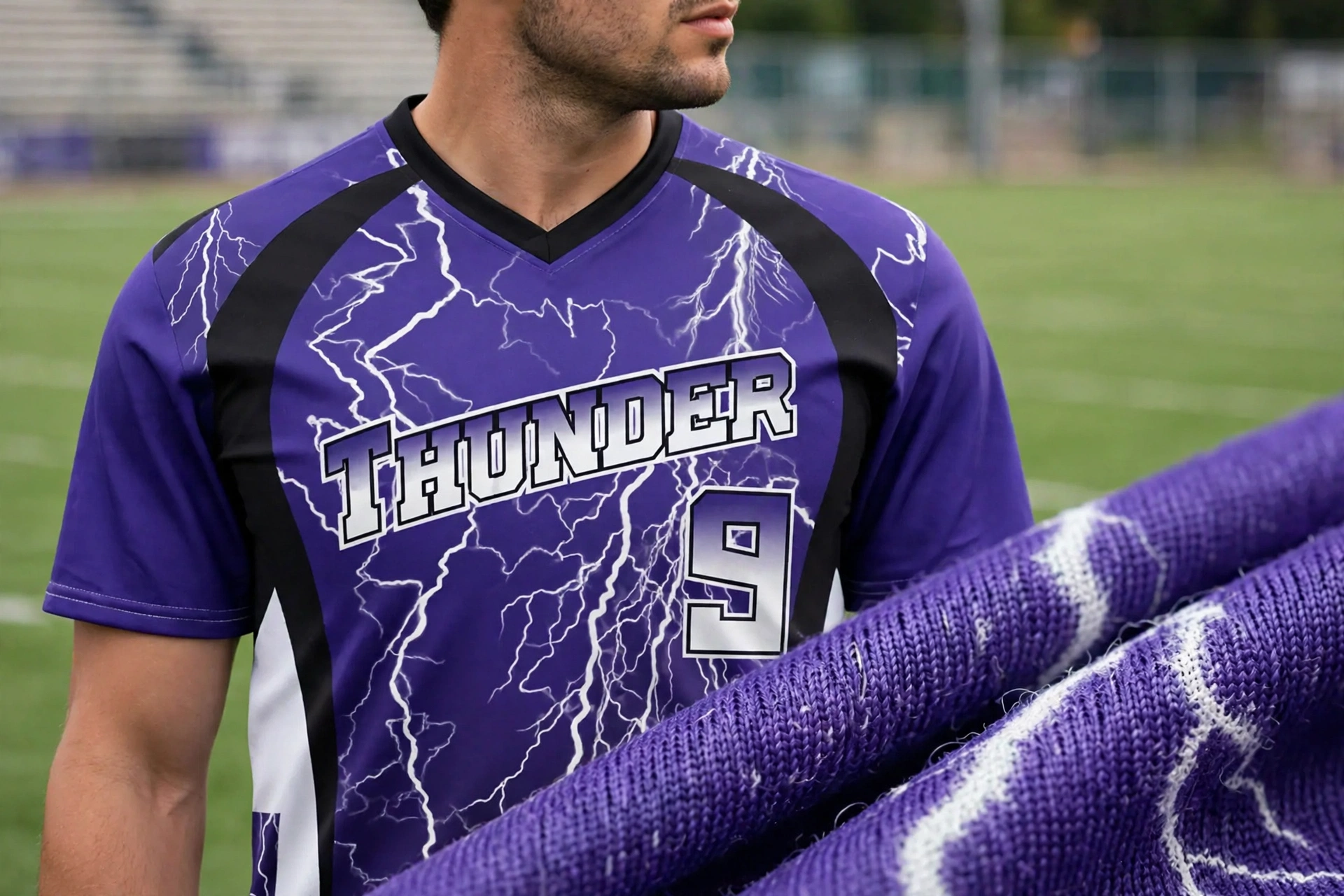 THUNDER 9 purple lightning jersey showing vibrant sublimation print fabric detail.