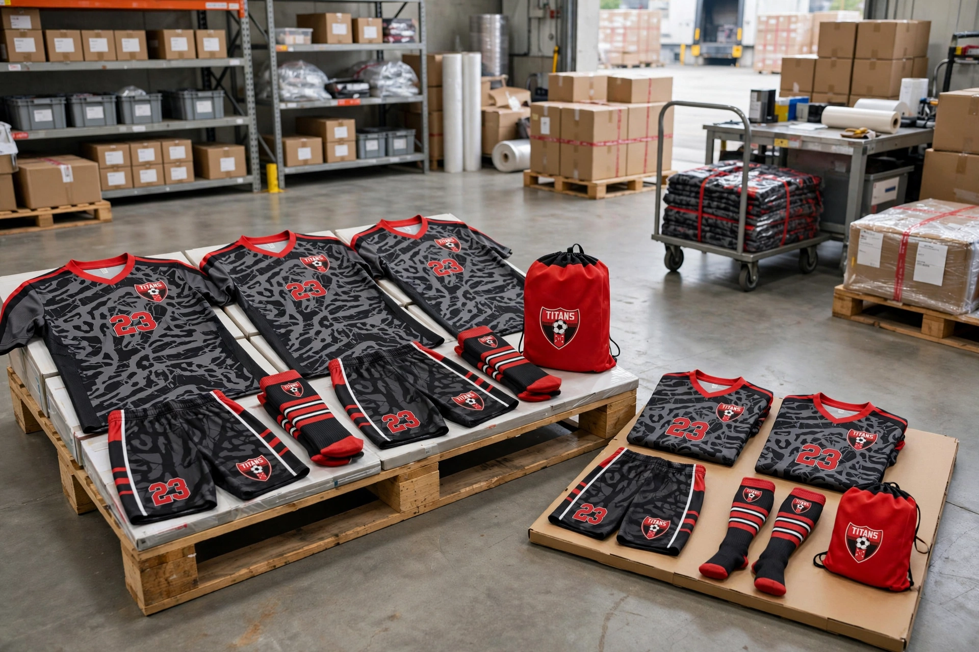TITANS 23 kits organized for senior and junior rosters in warehouse.
