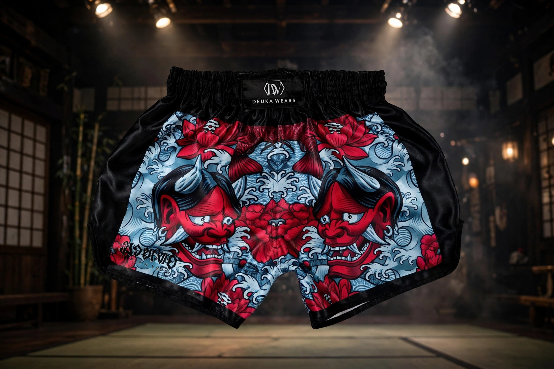 Red Oni demon fight shorts Deuka Wears razor