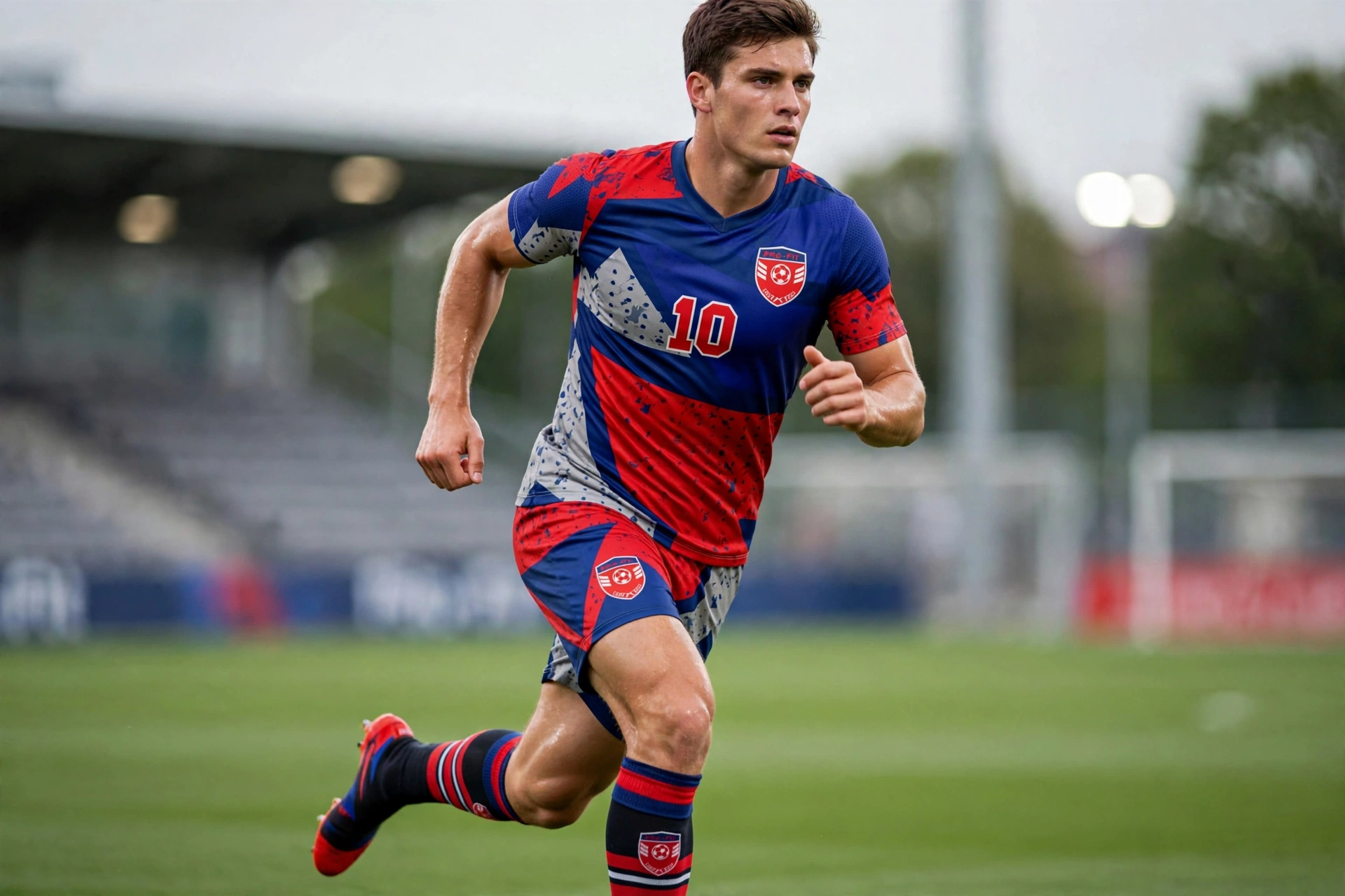 Red-blue geometric 10 kit in Pro-Fit streamlined cut on sprinting player