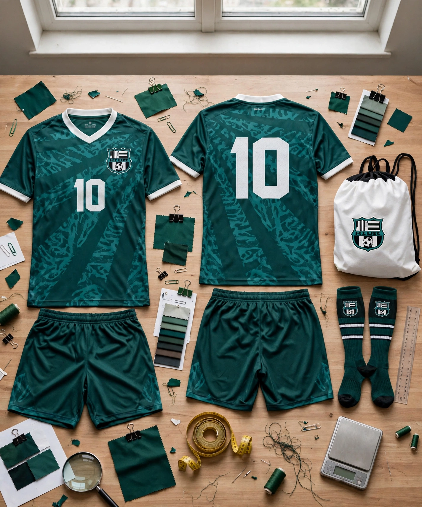 Green 10 kit front/back on wood table with fabric swatches, scale and tape for mockup approval,
