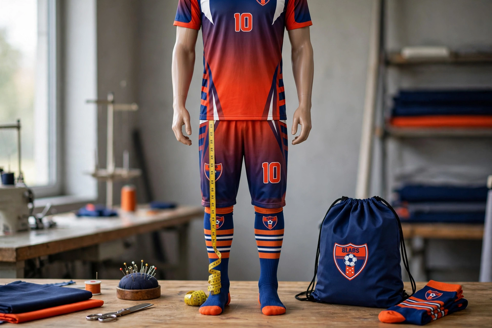 Orange-blue gradient 10 kit on tall mannequin showing extended inseam with measuring tape
