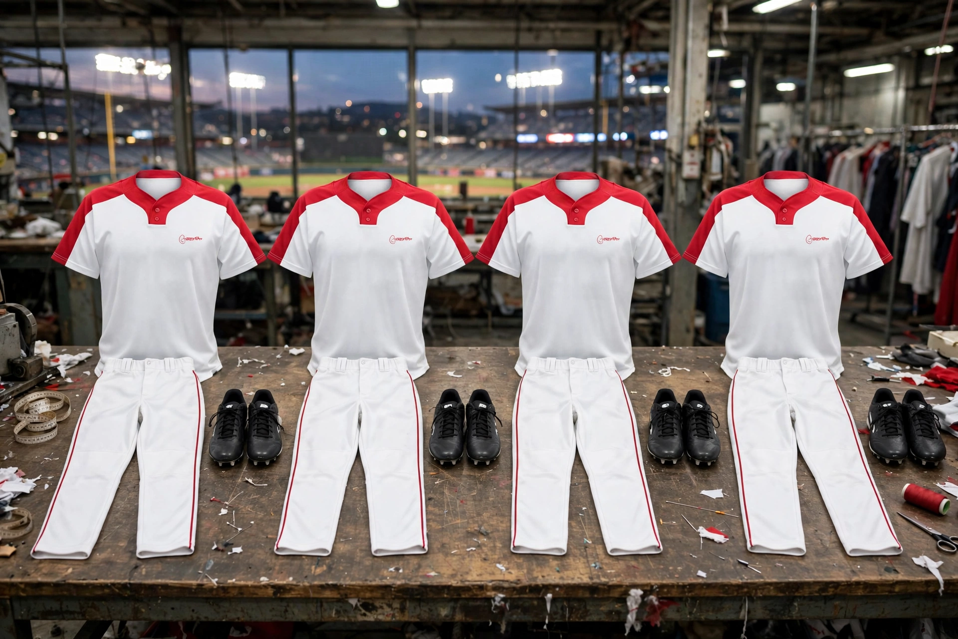 Five white baseball jerseys with red shoulders and white pants sets lined up on factory table under bright stadium lights showing flawless color consistency with identical dyeing and sublimation batches across upper and lower garments