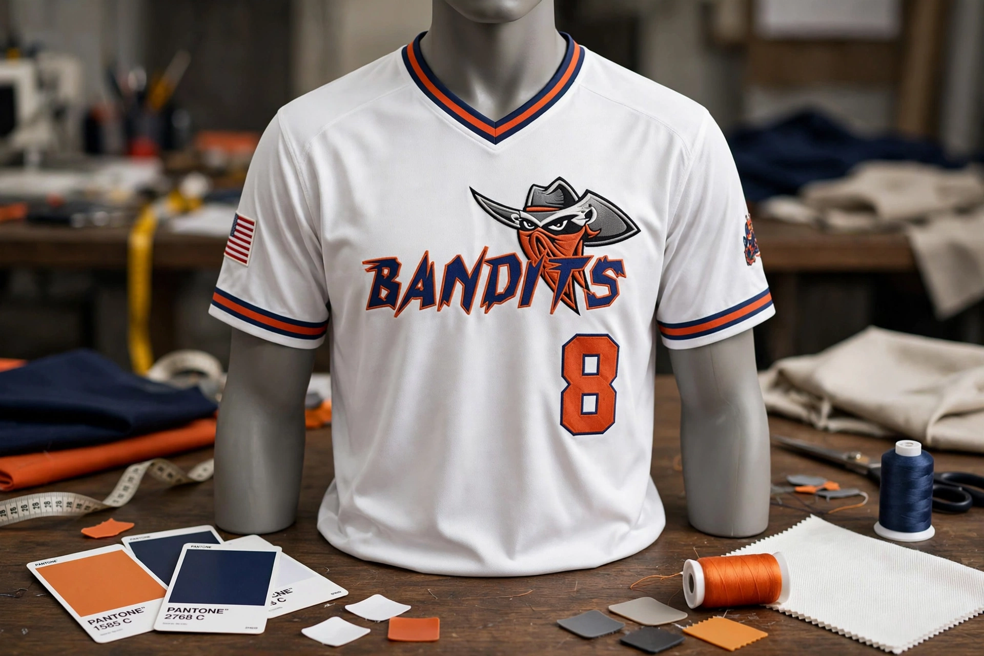 BANDITS 8 white jersey on mannequin with Pantone swatches and sewing tools.