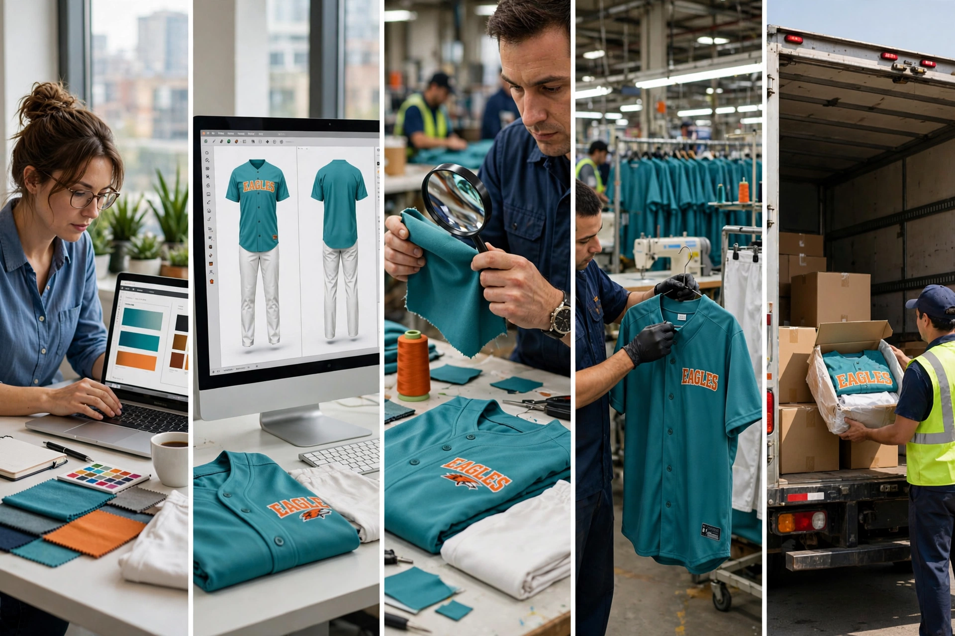 Five panel visual workflow showing custom teal EAGLES baseball uniform order process without text overlays — first panel designer selecting teal orange brown fabric swatches and color palettes on laptop, second panel 3D digital rendering of teal jersey front and back with white pants on monitor, third panel man inspecting teal fabric with magnifying glass over jersey on table with orange thread spool, fourth panel quality control technician inspecting finished teal EAGLES jersey on hanger in factory with rows of teal jerseys, fifth panel worker loading boxed EAGLES uniform sets into delivery truck